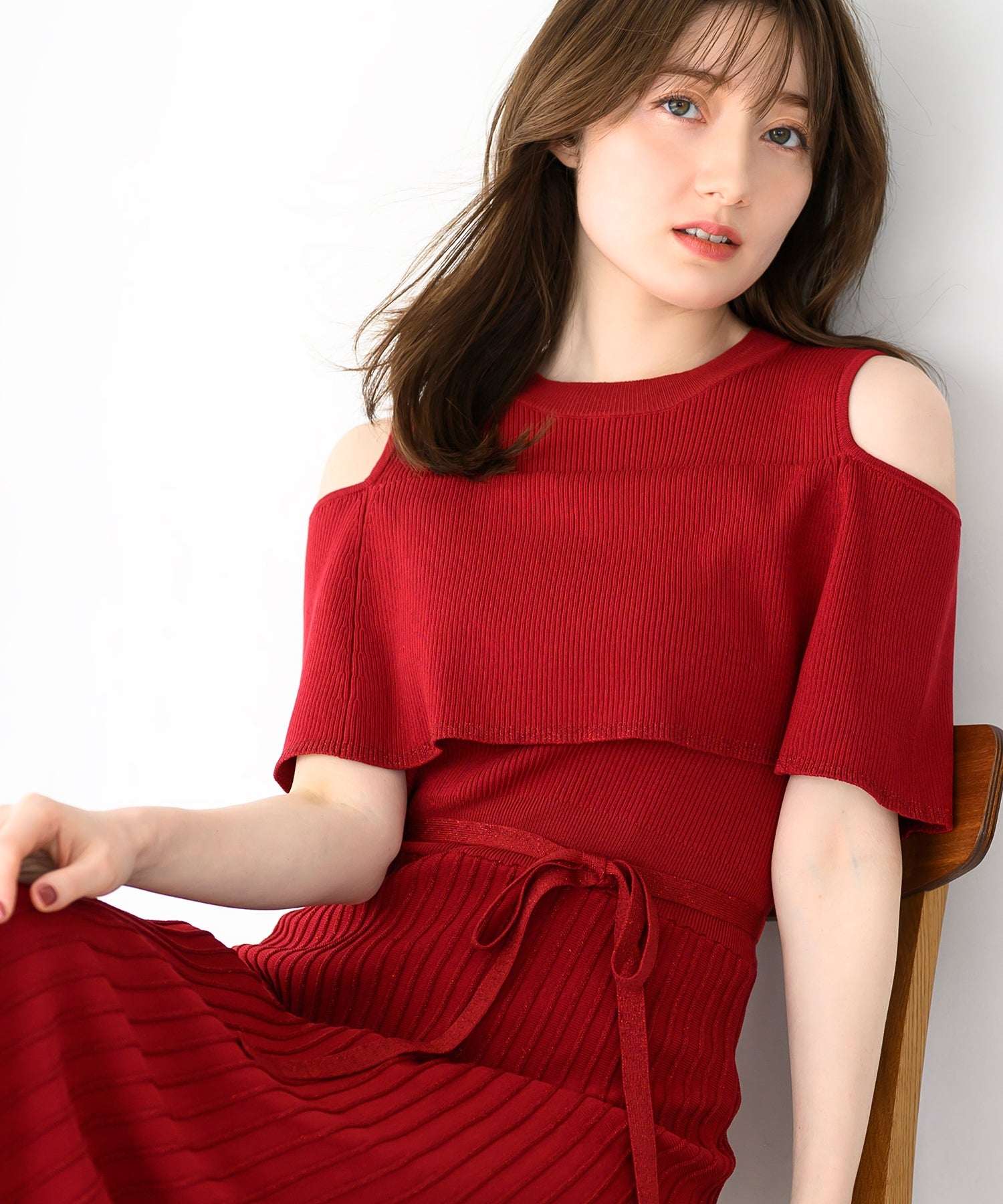 ミッシュマッシュ MISCH MASCH 2025春夏新作 オフショルラメニットワンピース (RED) RED