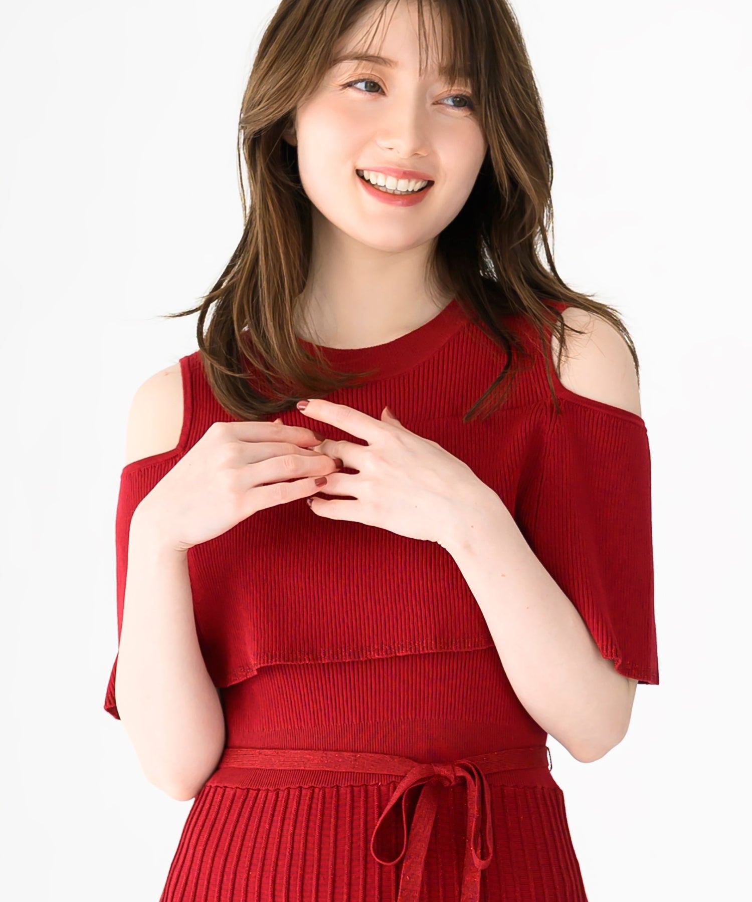 ミッシュマッシュ MISCH MASCH 2025春夏新作 オフショルラメニットワンピース (RED) RED
