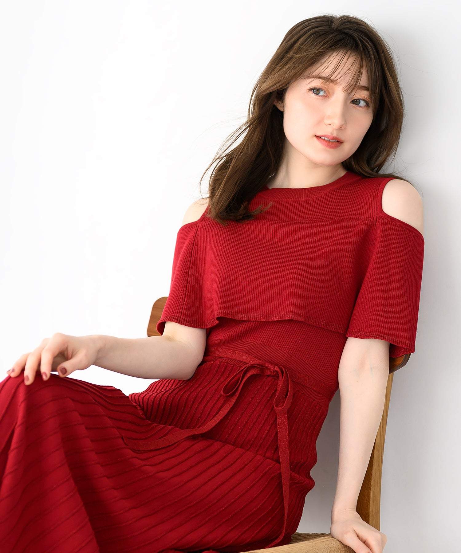 ミッシュマッシュ MISCH MASCH 2025春夏新作 オフショルラメニットワンピース (RED) RED