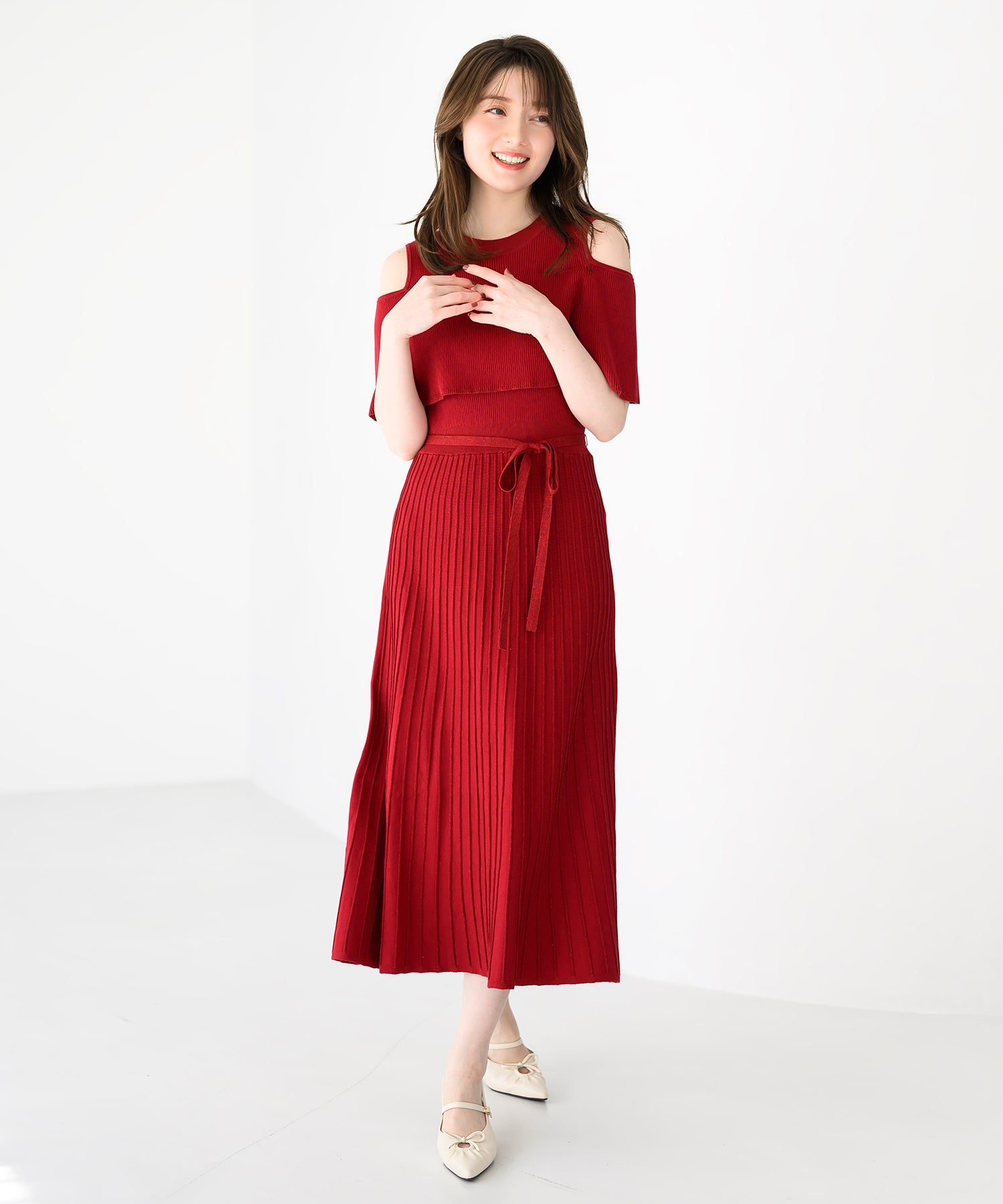 ミッシュマッシュ MISCH MASCH 2025春夏新作 オフショルラメニットワンピース (RED) RED