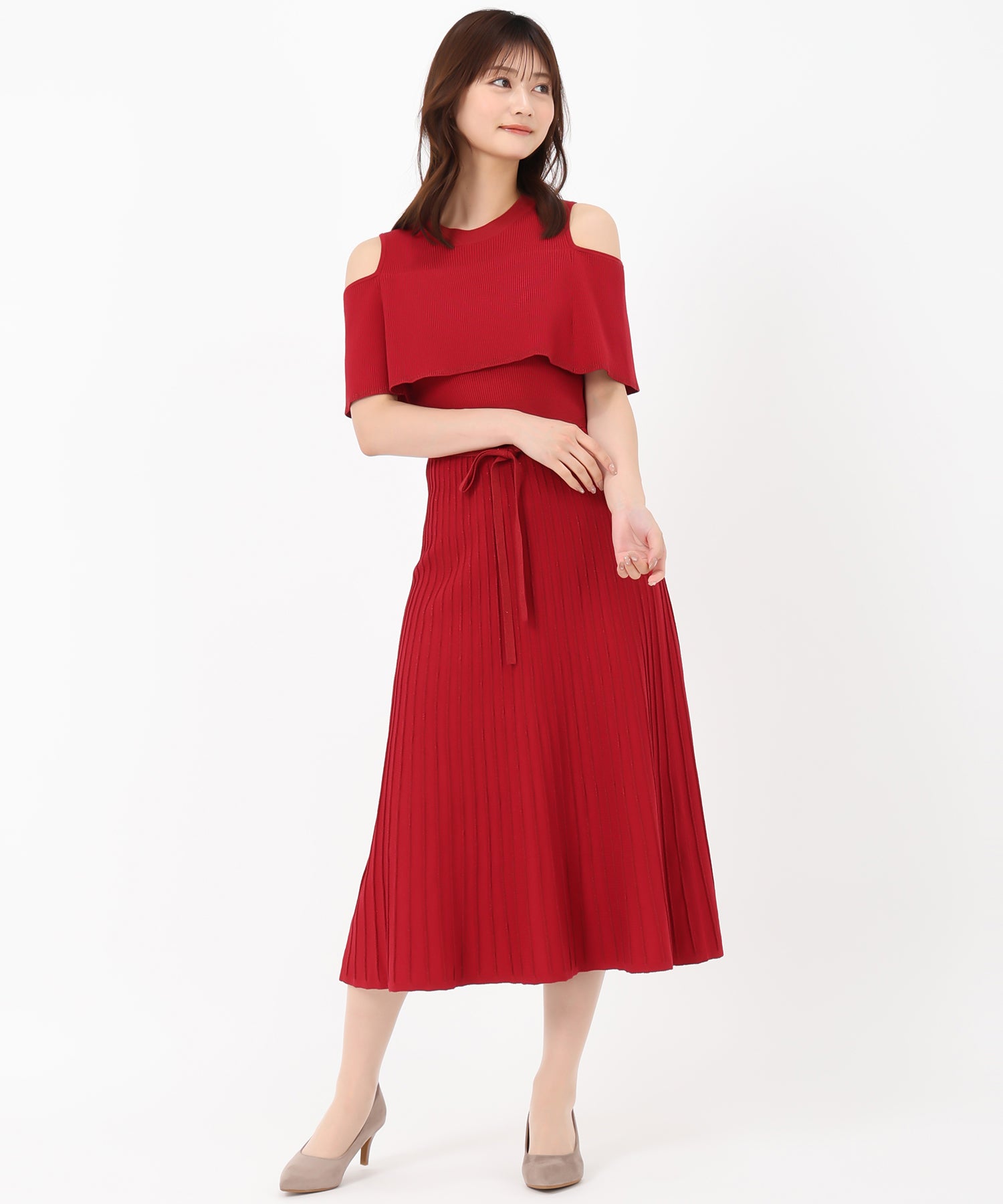 ミッシュマッシュ MISCH MASCH 2025春夏新作 オフショルラメニットワンピース (RED) RED