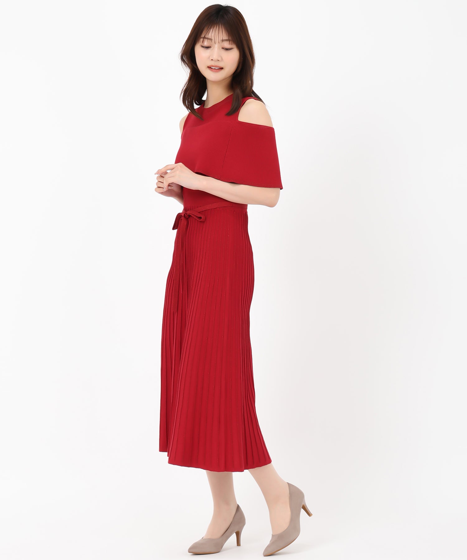 ミッシュマッシュ MISCH MASCH 2025春夏新作 オフショルラメニットワンピース (RED) RED