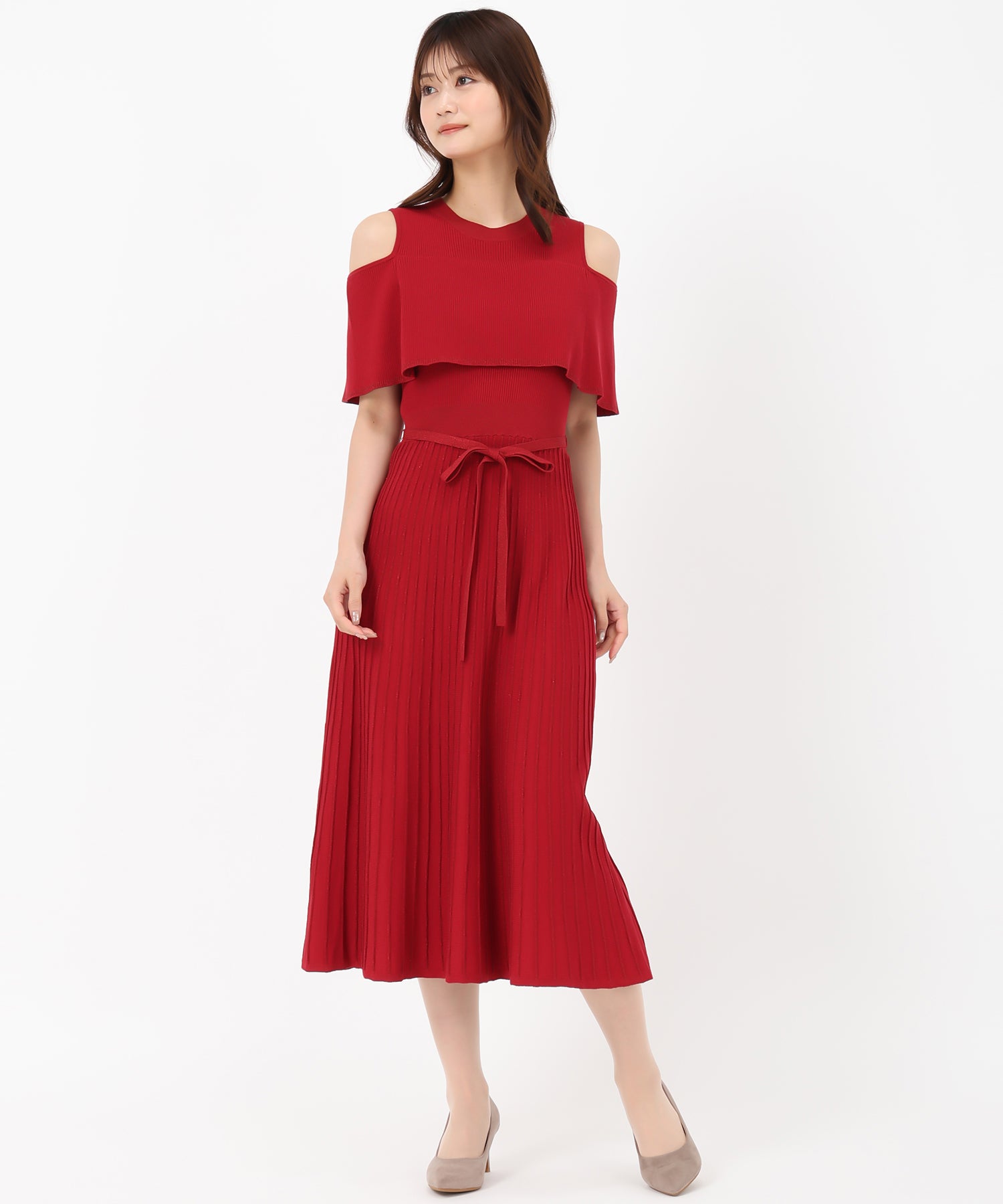 ミッシュマッシュ MISCH MASCH 2025春夏新作 オフショルラメニットワンピース (RED) RED