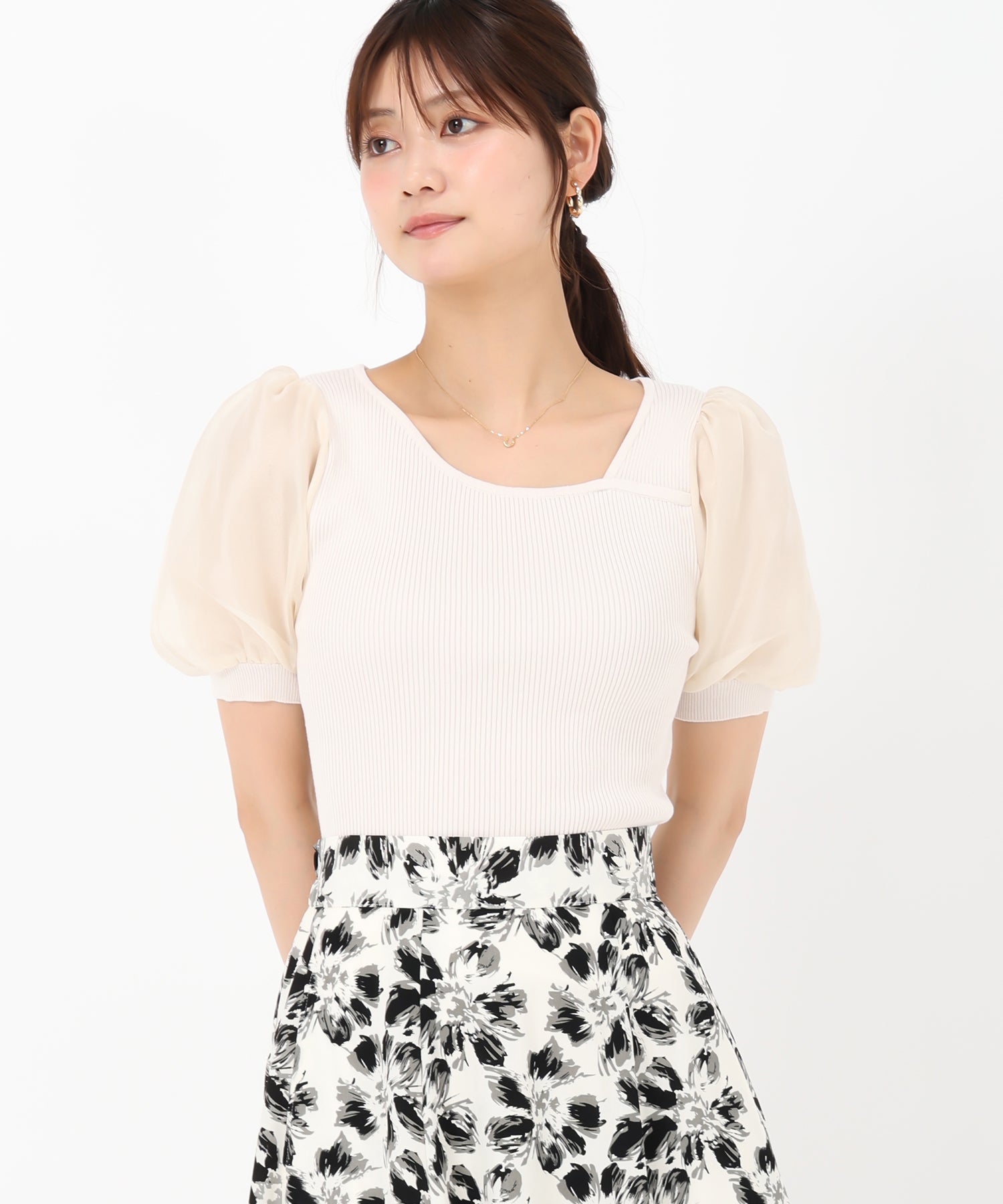 ミッシュマッシュ MISCH MASCH 2025春夏新作 アシメリブシアー袖ニット (BEIGE) BEIGE
