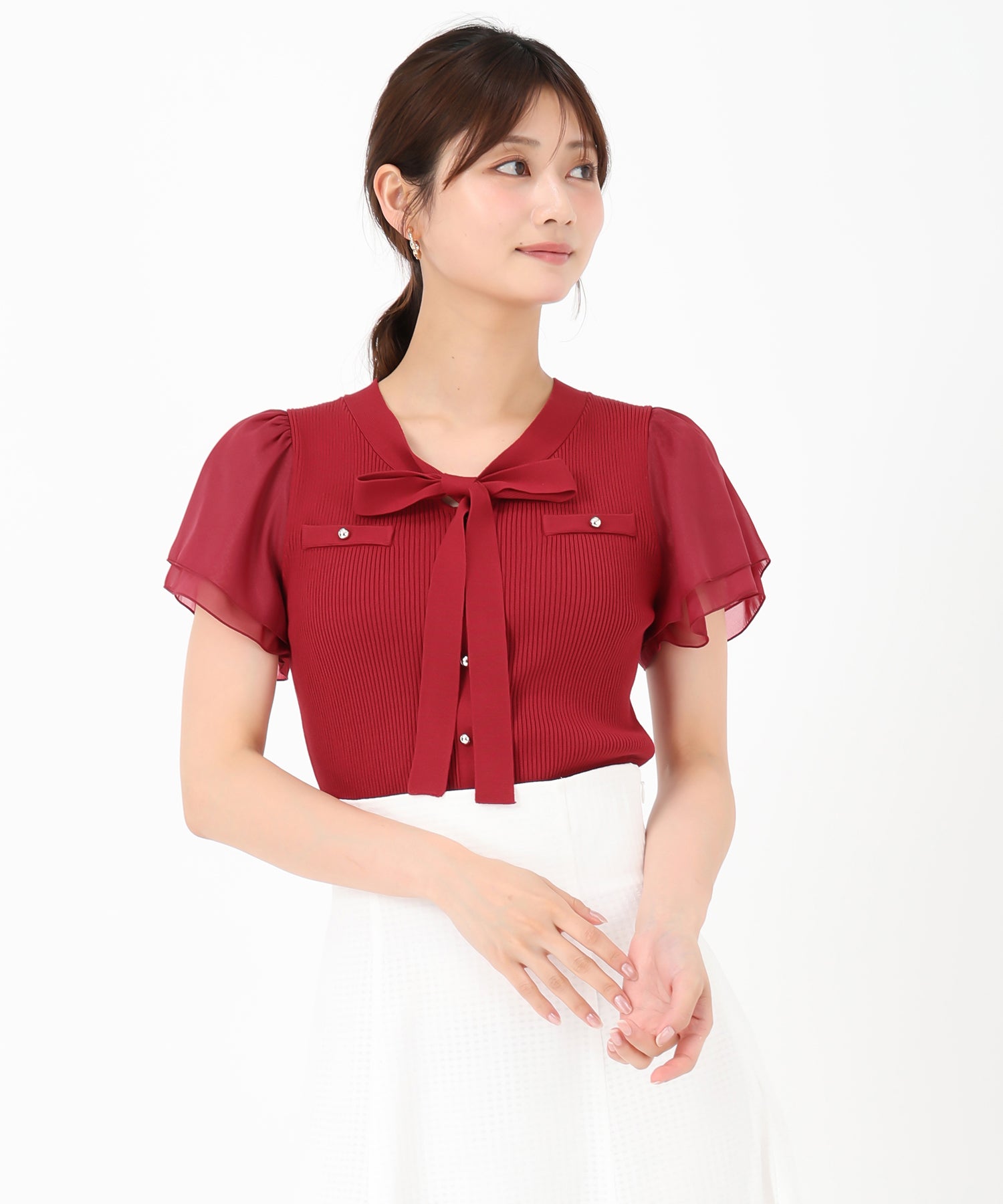 ミッシュマッシュ MISCH MASCH 2025春夏新作 ゴールド釦シアー袖ボウタイニット (RED) RED