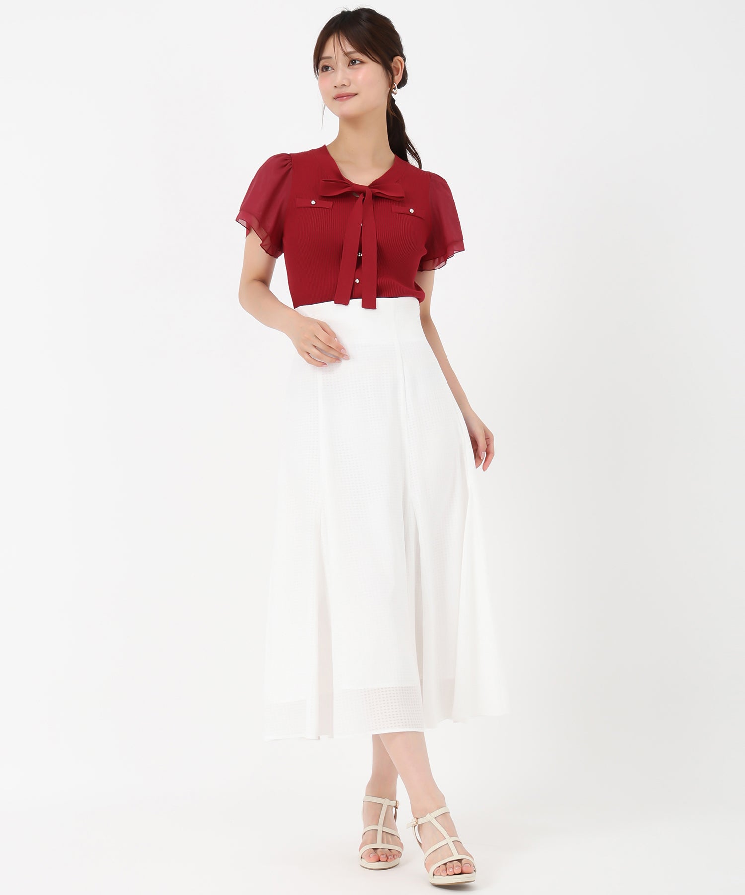 ミッシュマッシュ MISCH MASCH 2025春夏新作 ゴールド釦シアー袖ボウタイニット (RED) RED