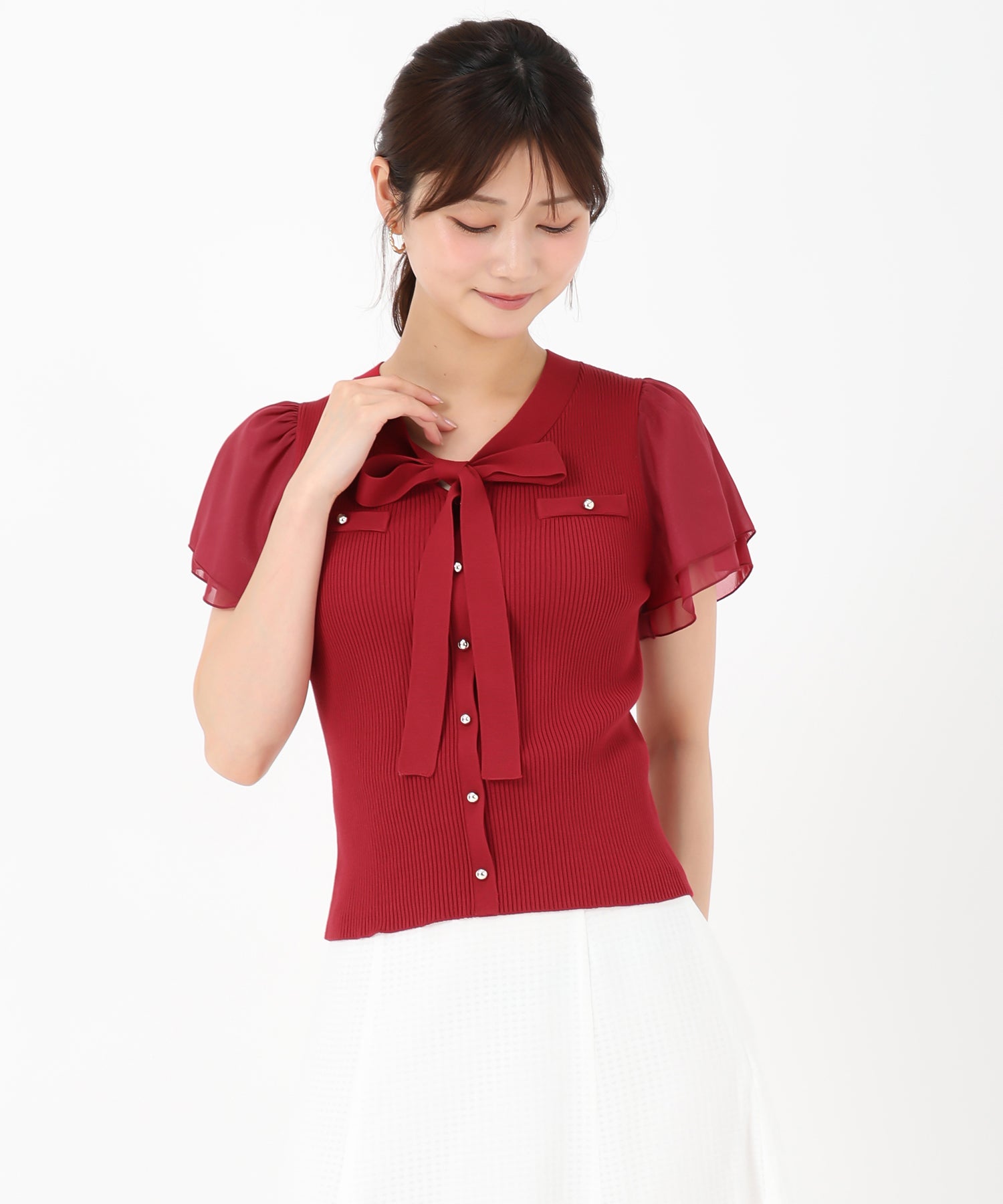 ミッシュマッシュ MISCH MASCH 2025春夏新作 ゴールド釦シアー袖ボウタイニット (RED) RED