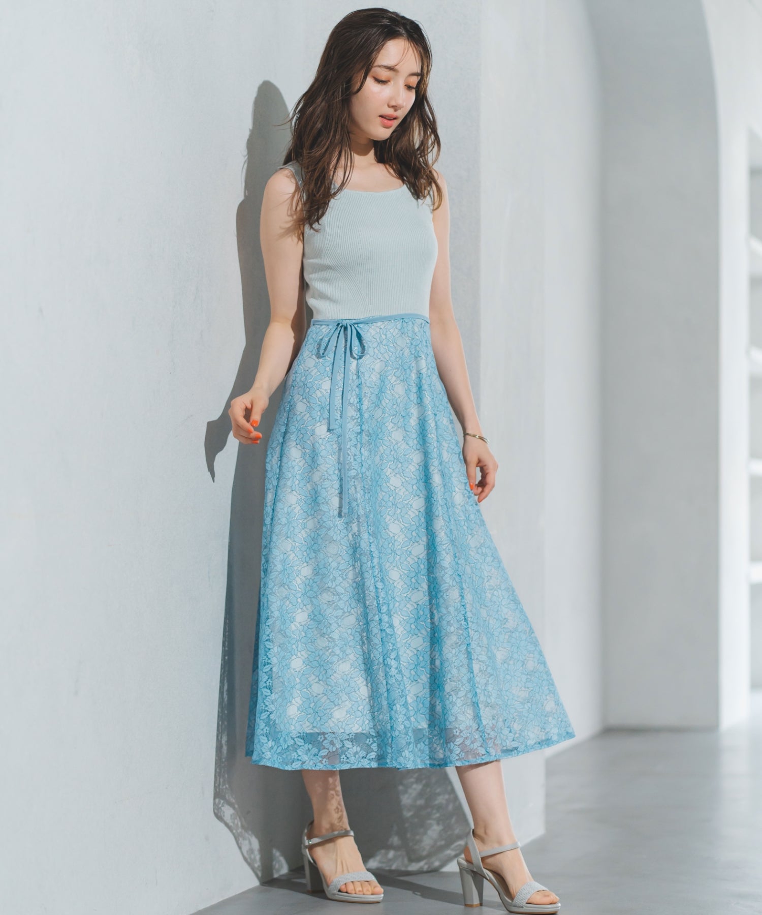 ミッシュマッシュ MISCH MASCH 2025春夏新作 ラメニット×レースワンピース (BLUE) BLUE
