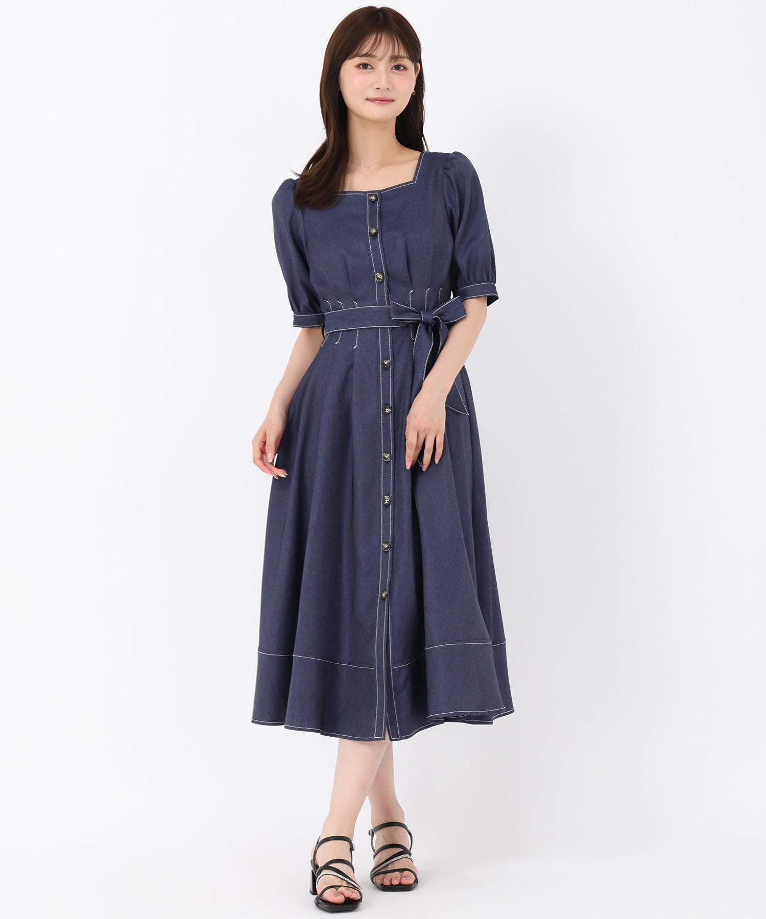 ミッシュマッシュ MISCH MASCH 2025秋冬新作 ポリデニムスクエアネックワンピース (NAVY) NAVY