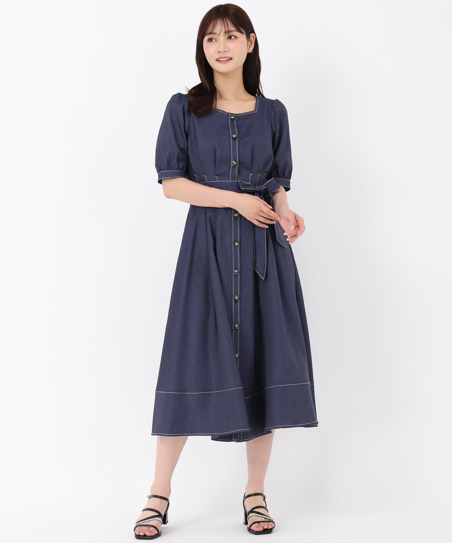 ミッシュマッシュ MISCH MASCH 2025秋冬新作 ポリデニムスクエアネックワンピース (NAVY) NAVY