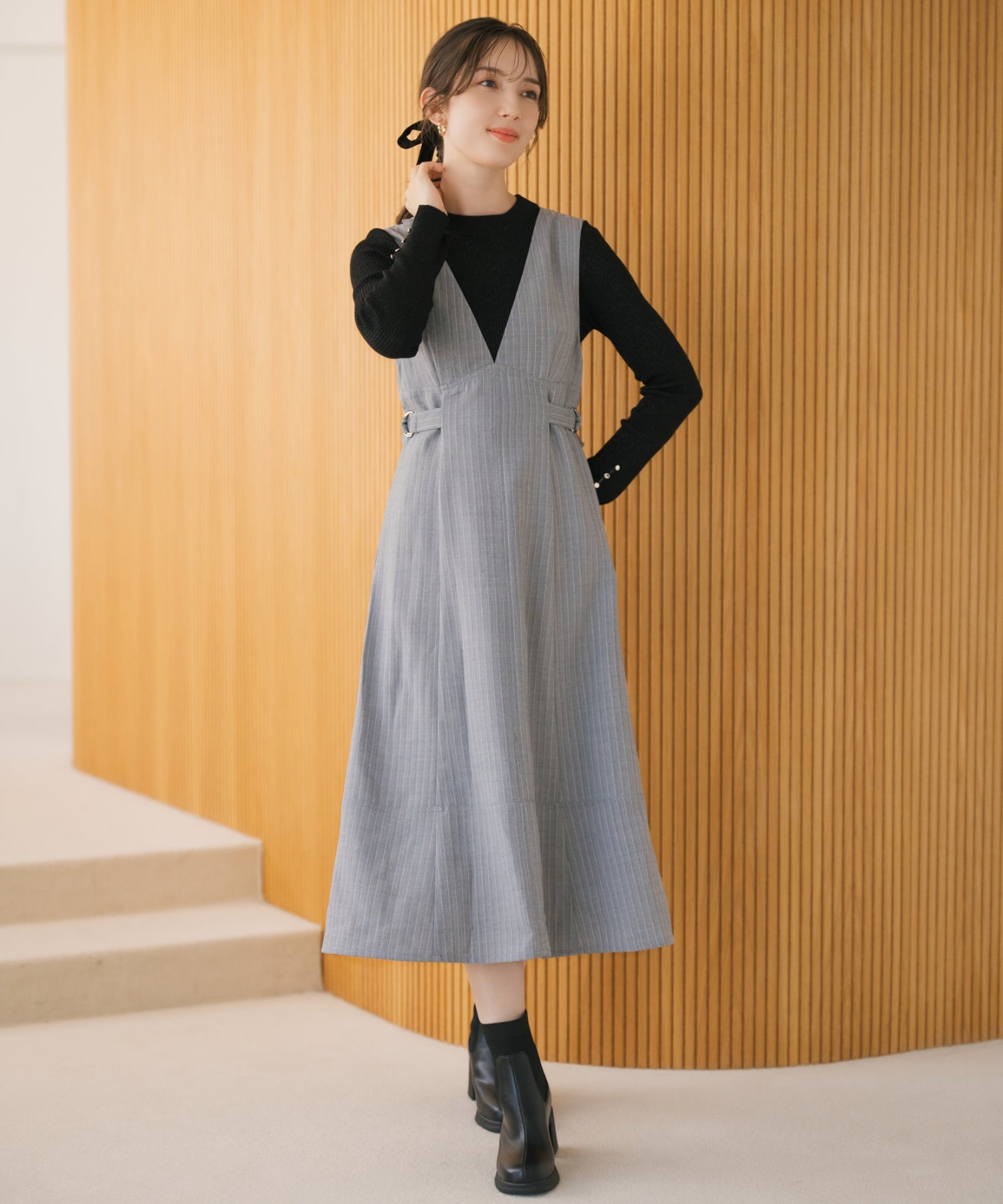 ミッシュマッシュ MISCH MASCH 2025秋冬新作 バッククロスストライプジャンスカ (GREY) GREY