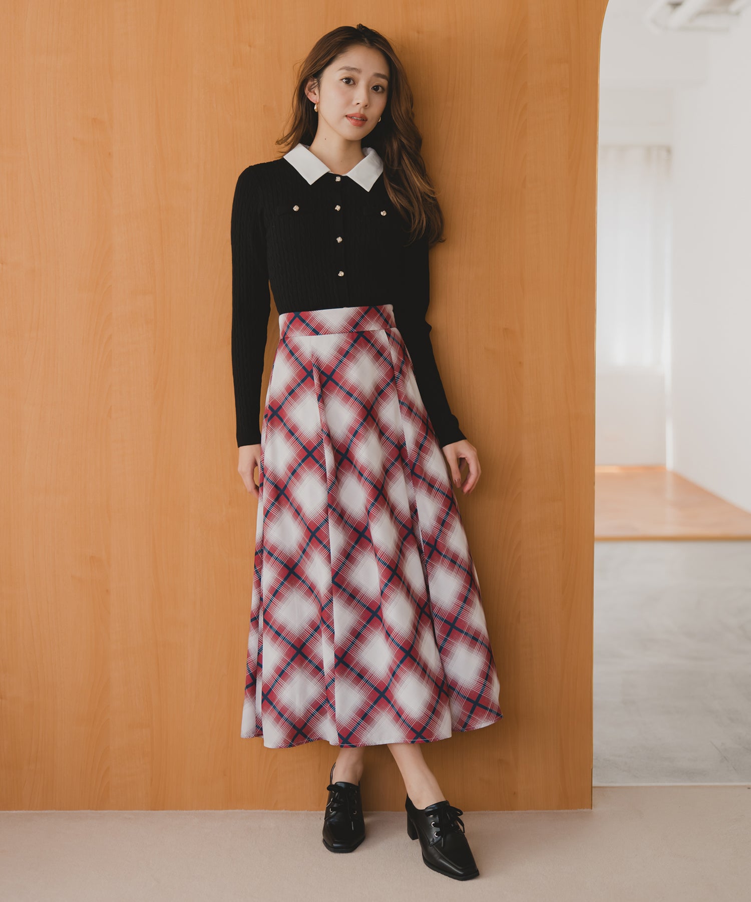 ミッシュマッシュ MISCH MASCH 2025秋冬新作 バイアスチェックプリントスカート MM537213 (RED) RED