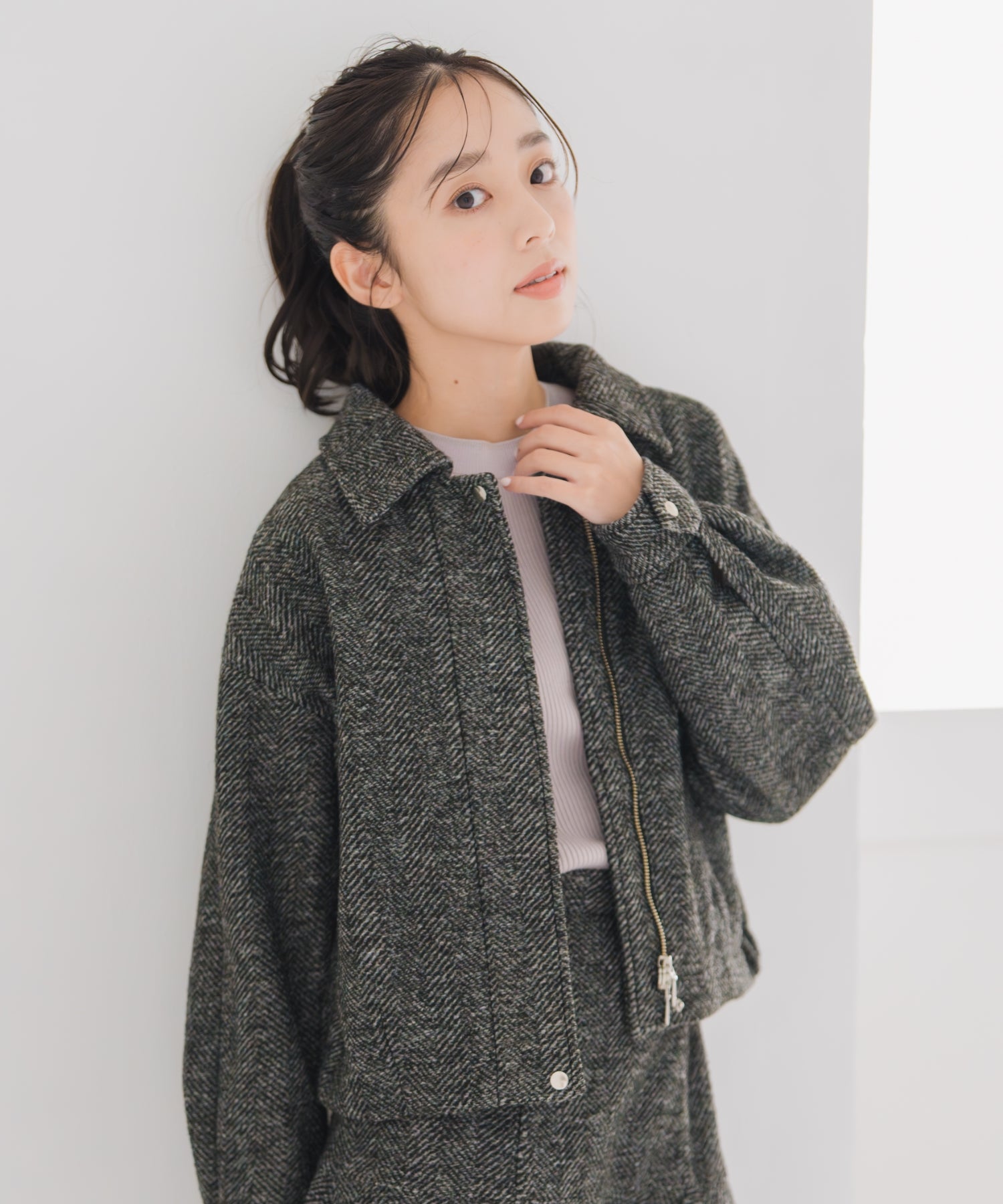 ミッシュマッシュ MISCH MASCH 2025秋冬新作 ヘリンボーン柄ステンカラージャケット MM548609 (BLACK/WHITE) BLACK/WHITE