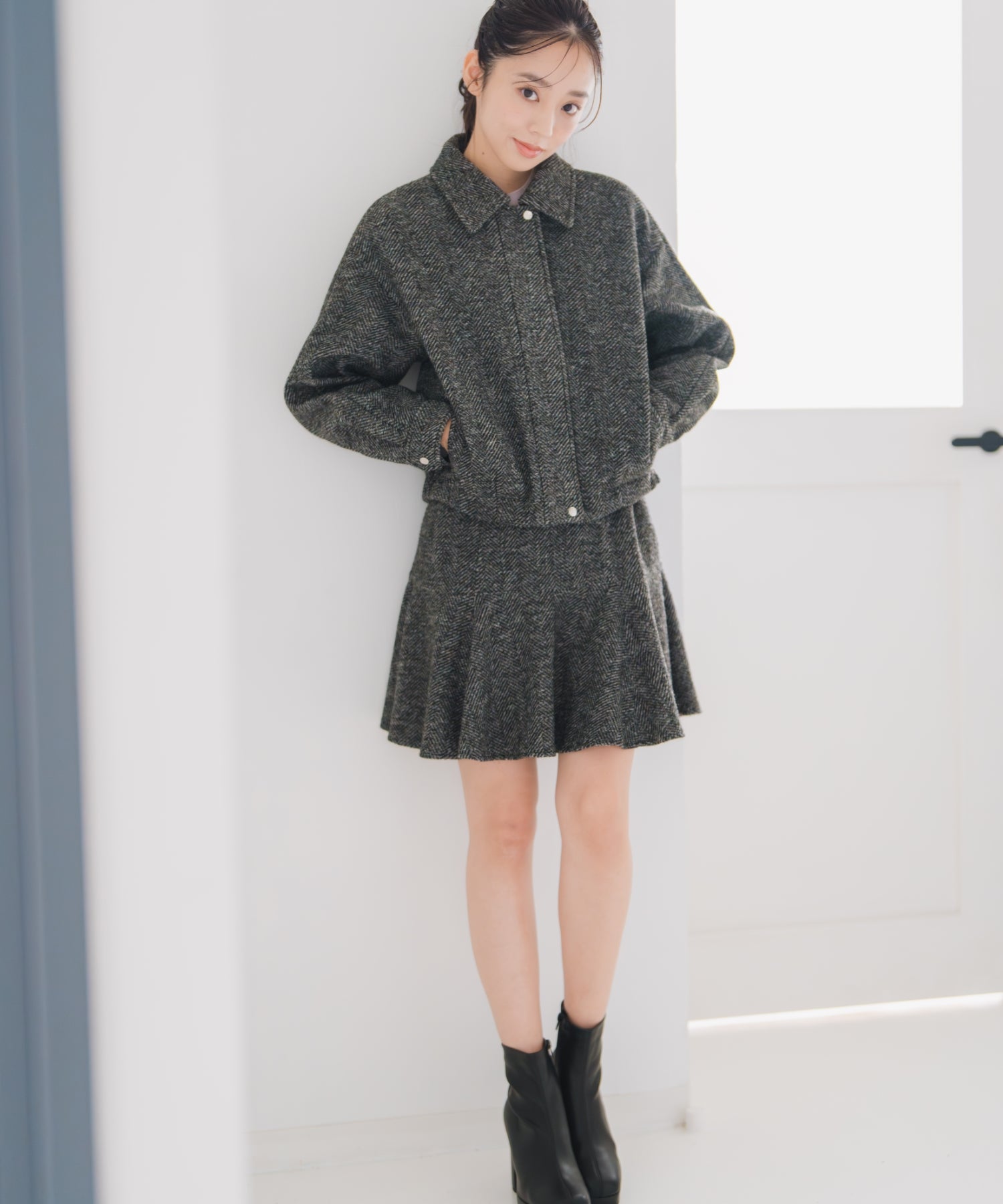 ミッシュマッシュ MISCH MASCH 2025秋冬新作 ヘリンボーン柄ステンカラージャケット MM548609 (BLACK/WHITE) BLACK/WHITE