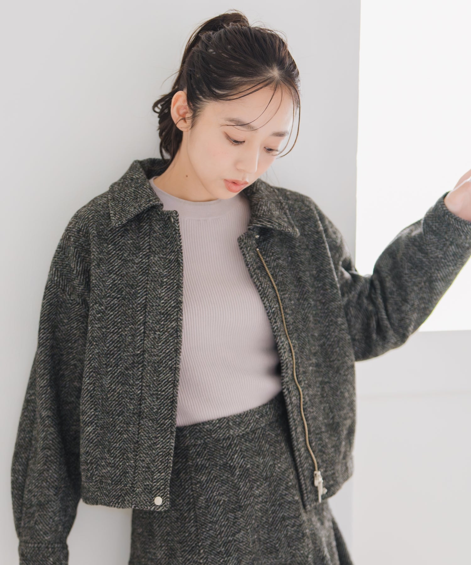 ミッシュマッシュ MISCH MASCH 2025秋冬新作 ヘリンボーン柄ステンカラージャケット MM548609 (BLACK/WHITE) BLACK/WHITE