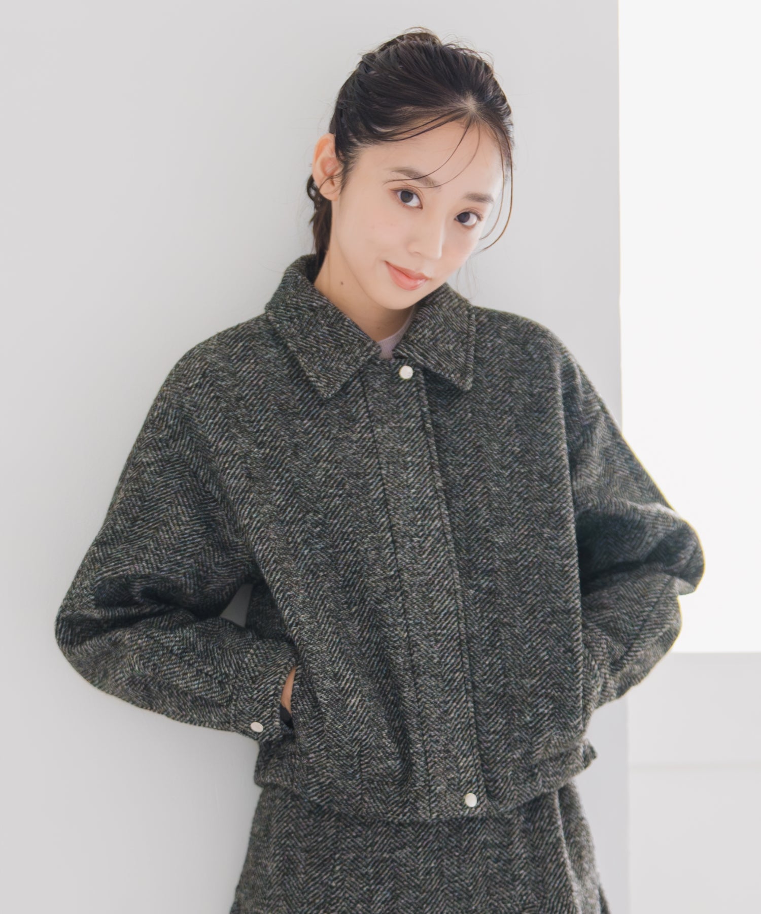 ミッシュマッシュ MISCH MASCH 2025秋冬新作 ヘリンボーン柄ステンカラージャケット MM548609 (BLACK/WHITE) BLACK/WHITE