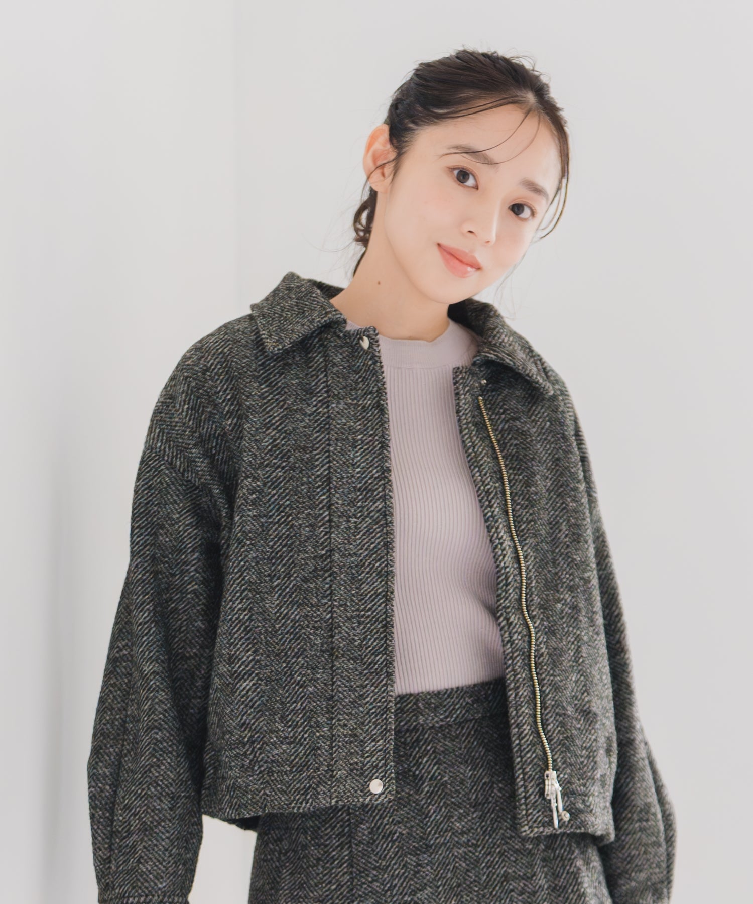 ミッシュマッシュ MISCH MASCH 2025秋冬新作 ヘリンボーン柄ステンカラージャケット MM548609 (BLACK/WHITE) BLACK/WHITE