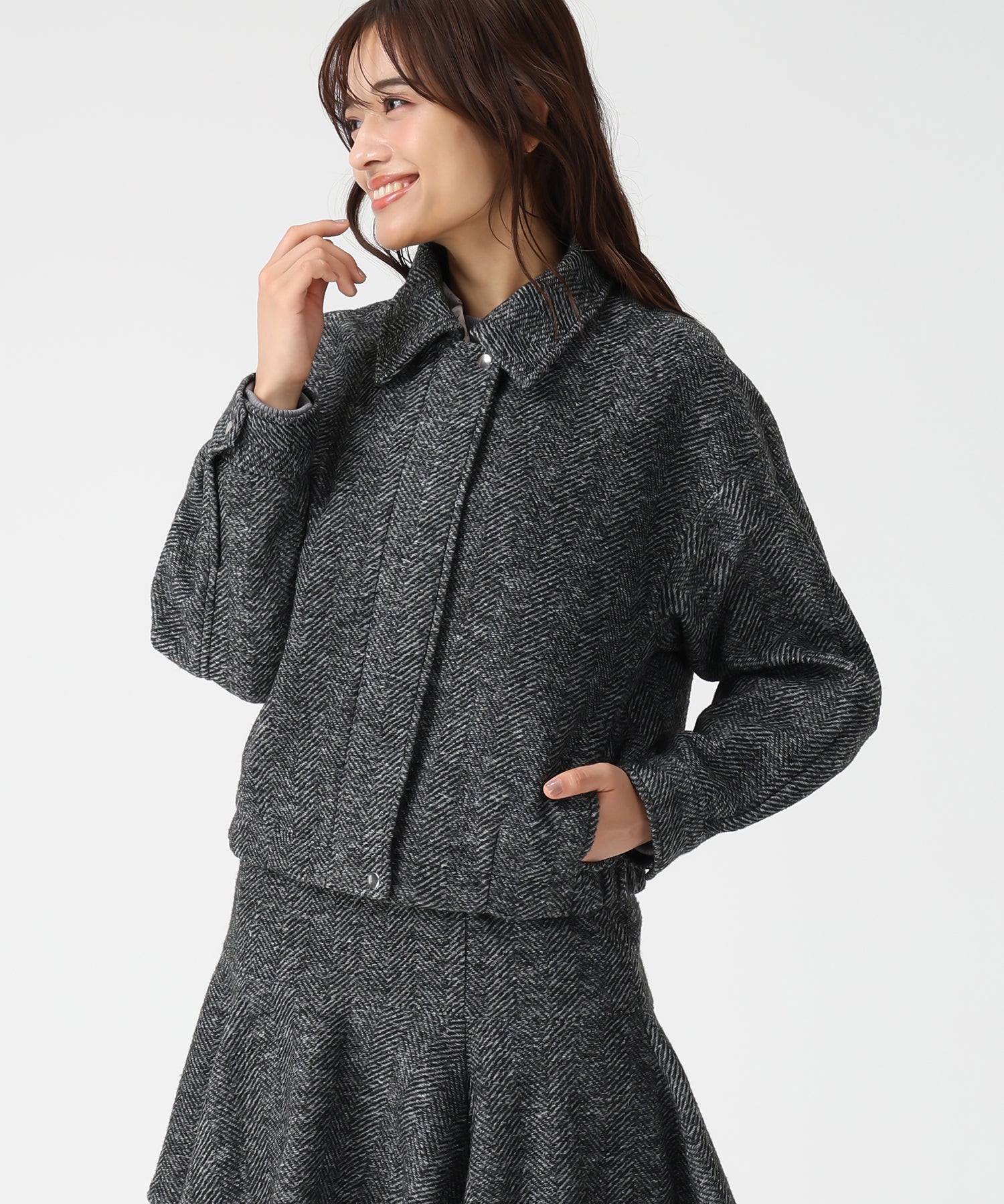 ミッシュマッシュ MISCH MASCH 2025秋冬新作 ヘリンボーン柄ステンカラージャケット MM548609 (BLACK/WHITE) BLACK/WHITE