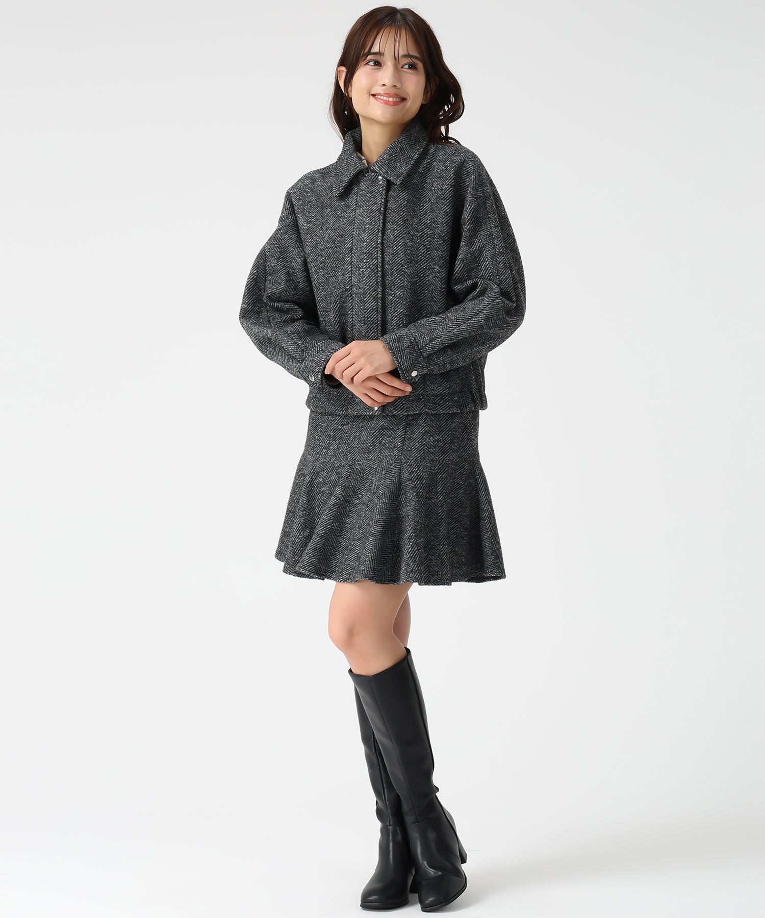 ミッシュマッシュ MISCH MASCH 2025秋冬新作 ヘリンボーン柄ステンカラージャケット MM548609 (BLACK/WHITE) BLACK/WHITE