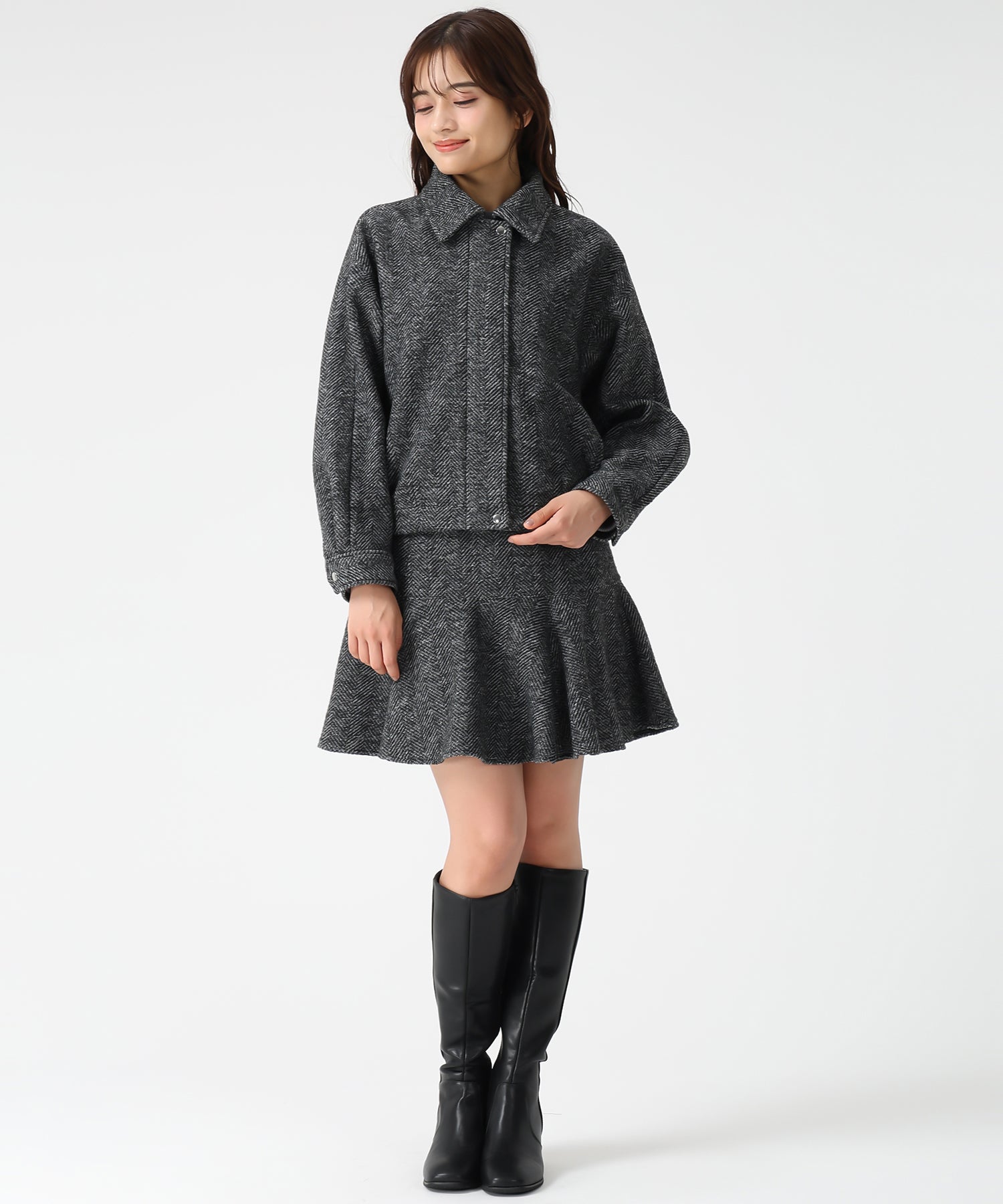 ミッシュマッシュ MISCH MASCH 2025秋冬新作 ヘリンボーン柄ステンカラージャケット MM548609 (BLACK/WHITE) BLACK/WHITE