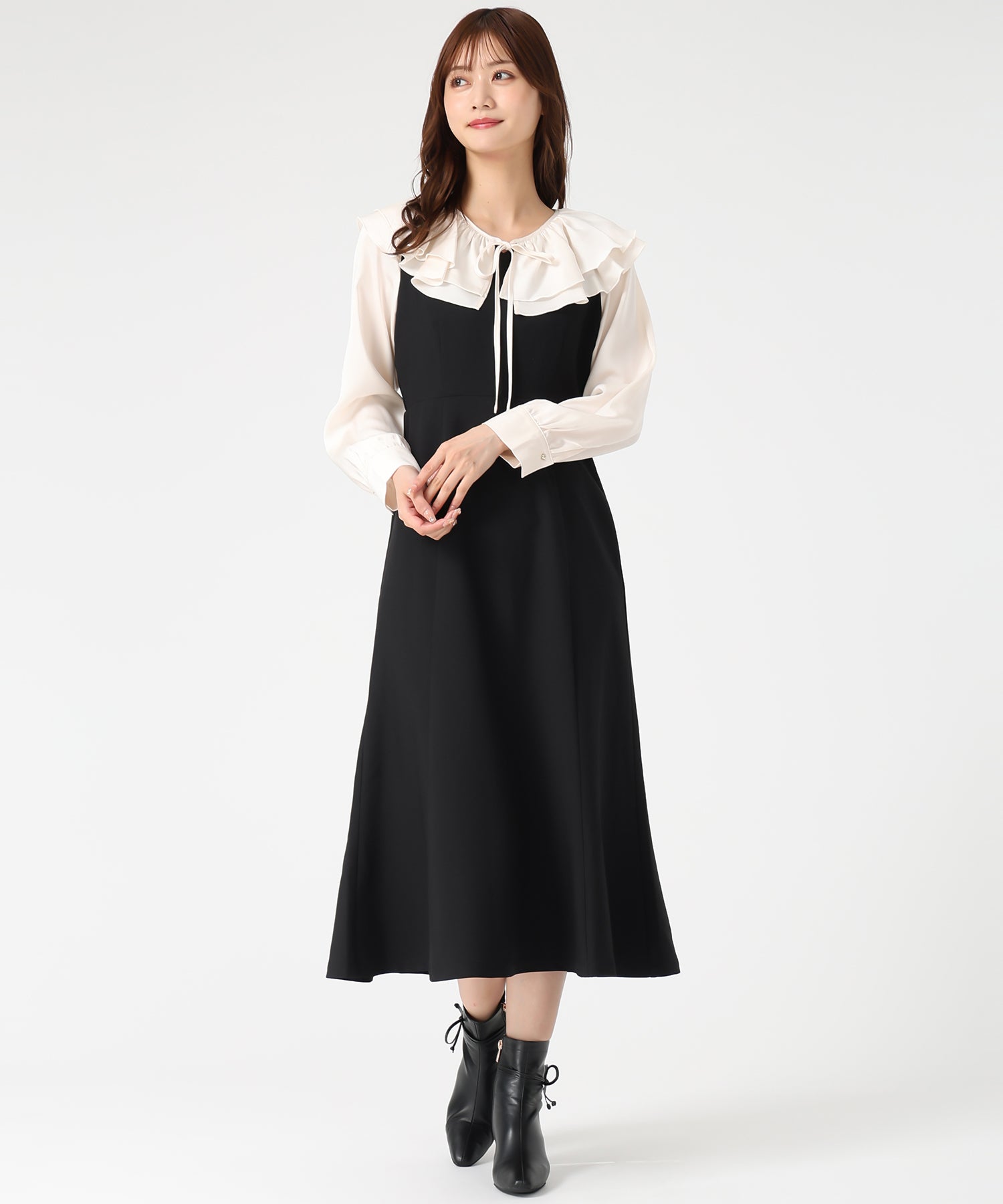 ミッシュマッシュ MISCH MASCH 2025秋冬新作 フリルカラーマーメイドワンピース MM547411 (BLACK) BLACK