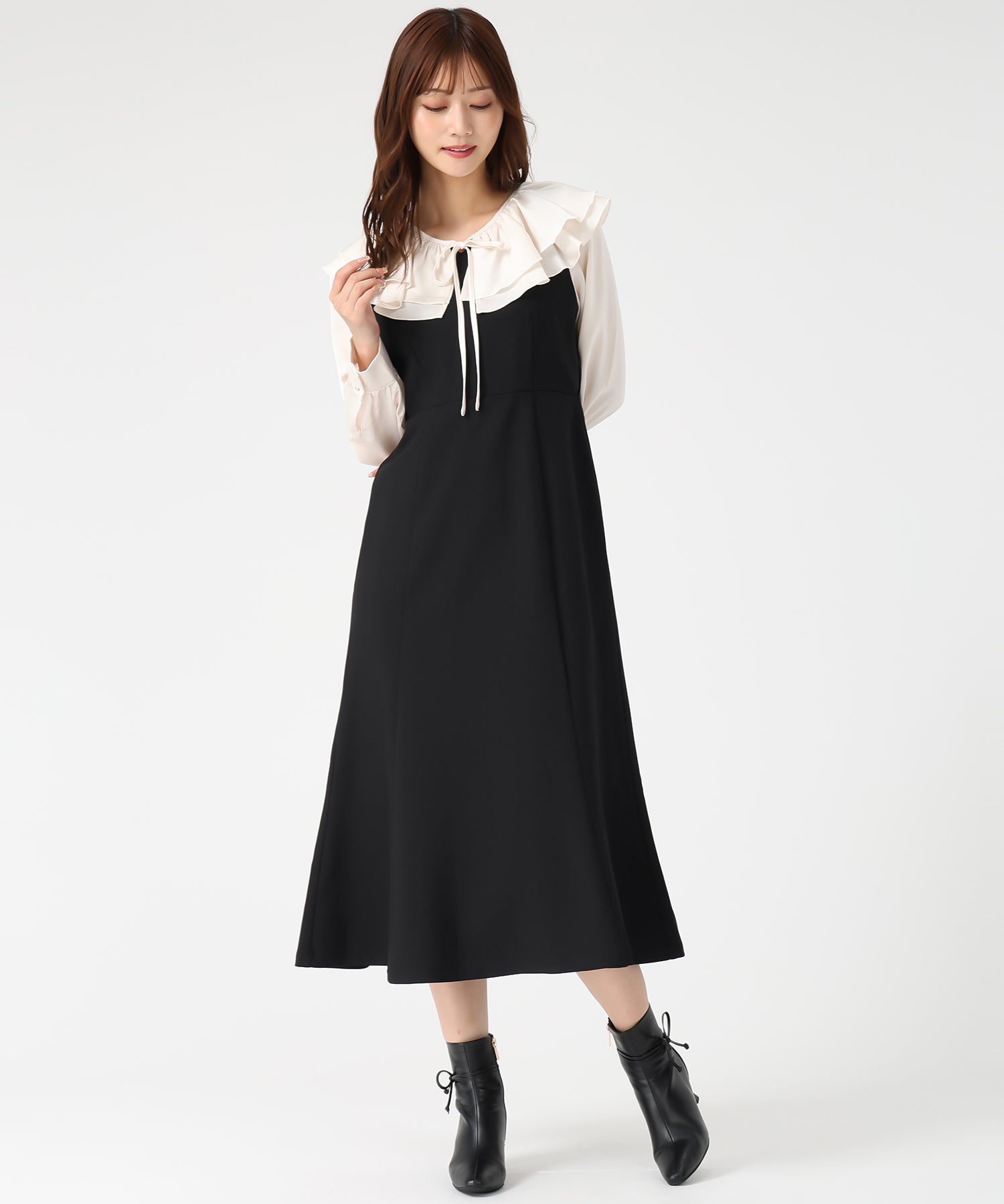 ミッシュマッシュ MISCH MASCH 2025秋冬新作 フリルカラーマーメイドワンピース MM547411 (BLACK) BLACK