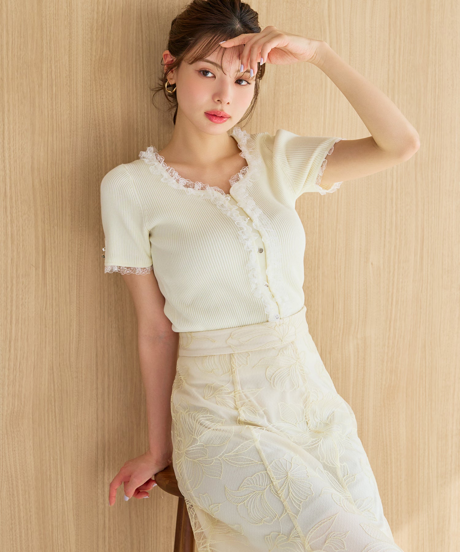 ミッシュマッシュ MISCH MASCH 2026春夏新作 レースフリルトリミングニット MM628307 (YELLOW) YELLOW