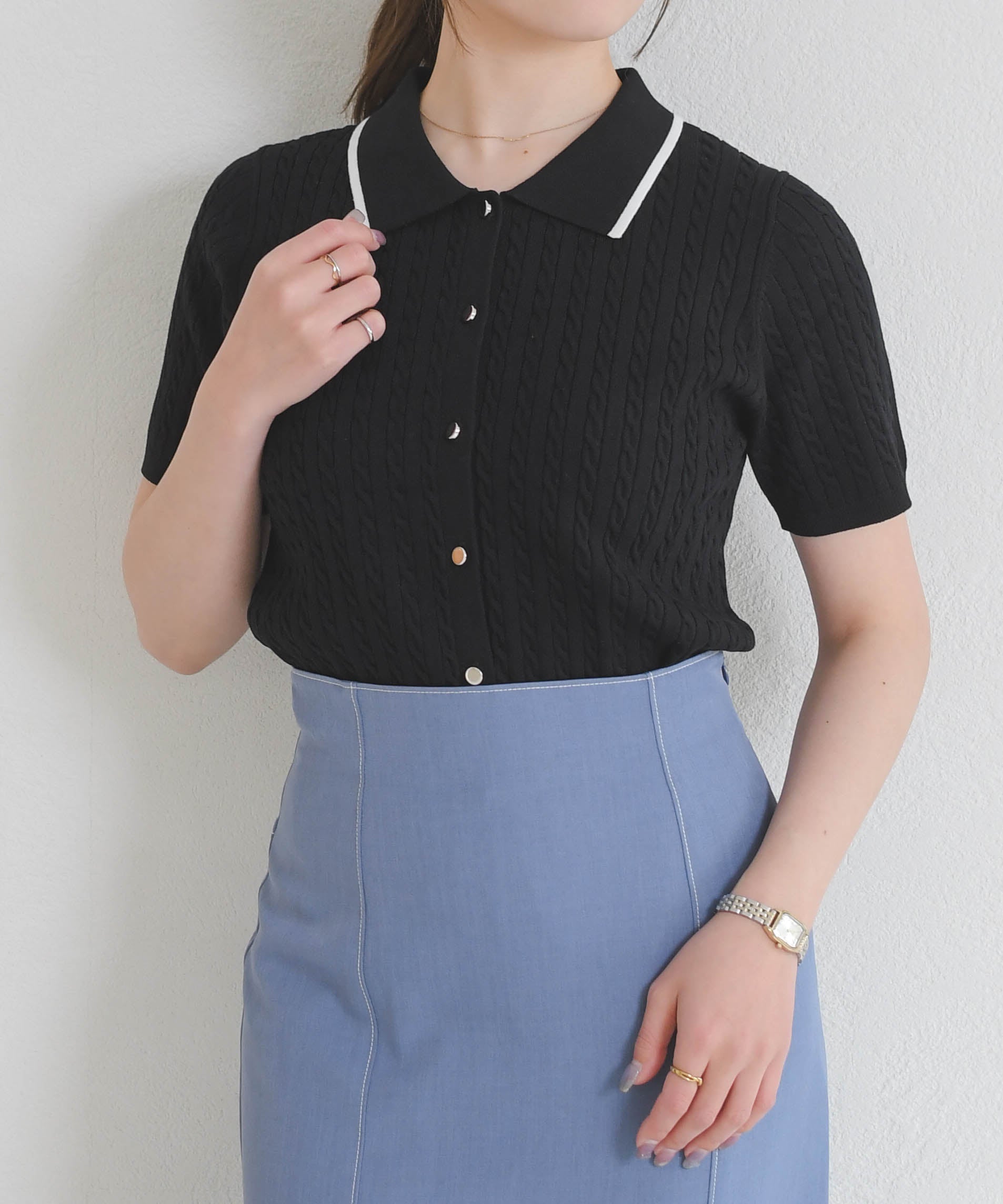 ミッシュマッシュ MISCH MASCH 2026春夏新作 ケーブルポロ襟ニット MM628305 (BLACK) BLACK