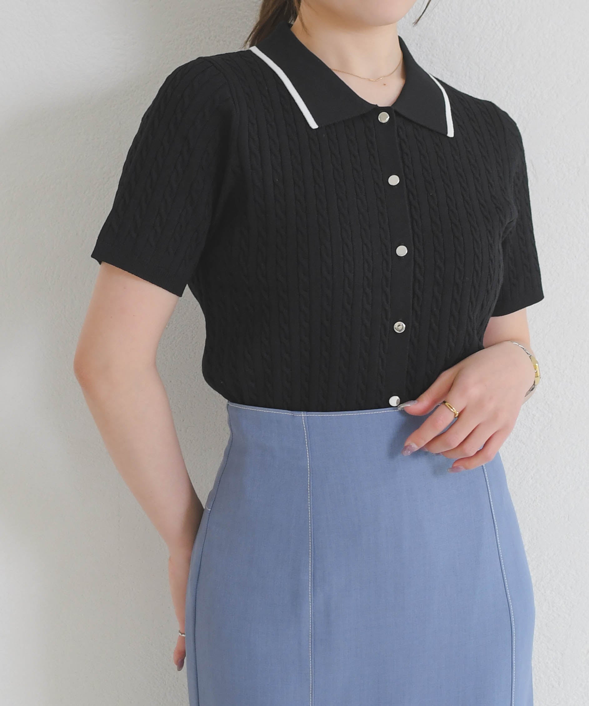 ミッシュマッシュ MISCH MASCH 2026春夏新作 ケーブルポロ襟ニット MM628305 (BLACK) BLACK