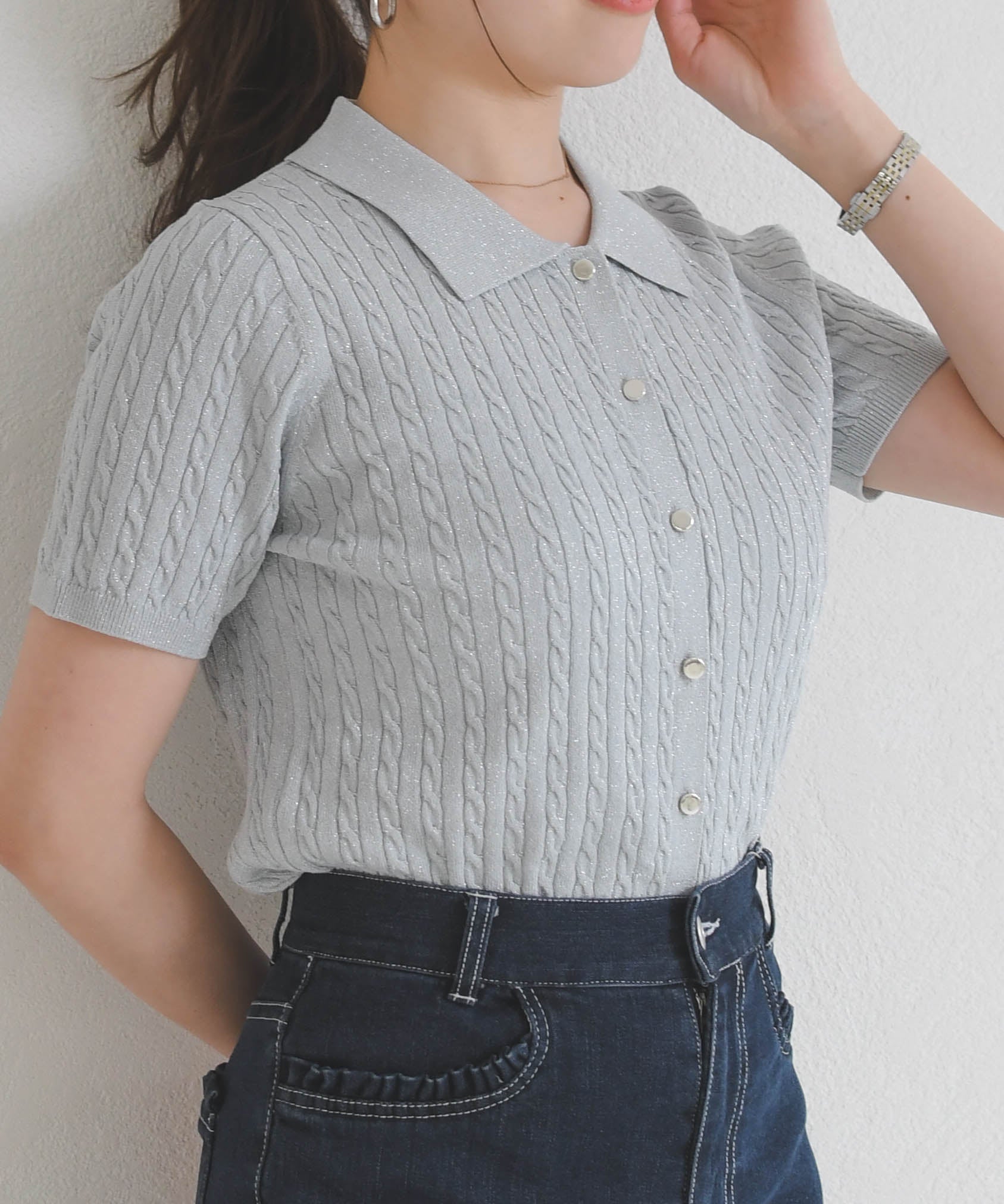 ミッシュマッシュ MISCH MASCH 2026春夏新作 ケーブルポロ襟ニット MM628305 (SILVER) SILVER