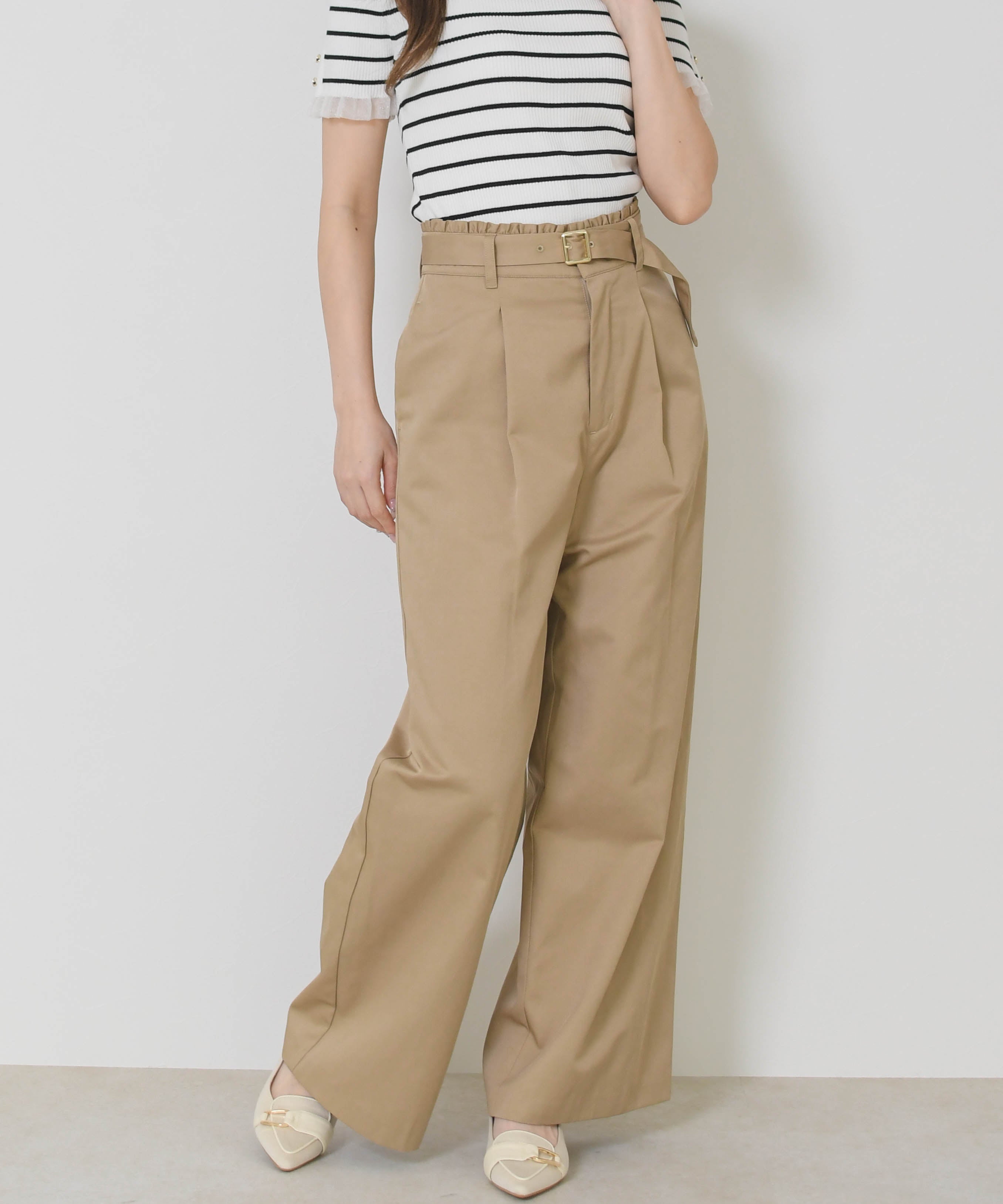 ミッシュマッシュ MISCH MASCH 2026春夏新作 ウエストフリルチノタックワイドパンツ MM627302 (CAMEL) CAMEL