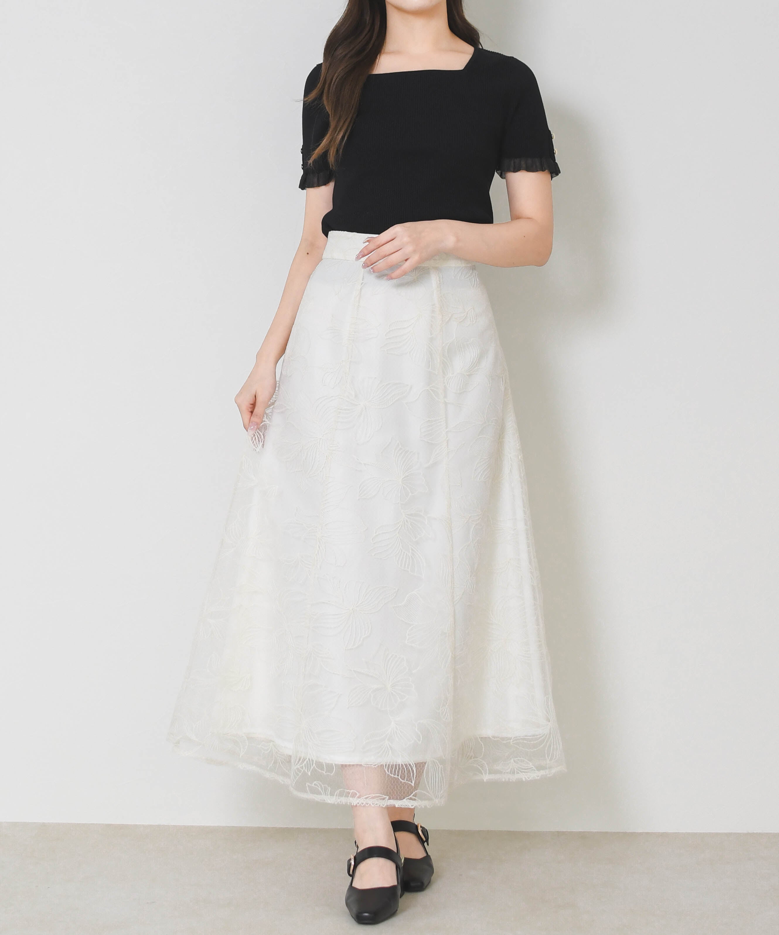 ミッシュマッシュ MISCH MASCH 2026春夏新作 シアーフリル2way半袖ニット MM628316 (BLACK) BLACK