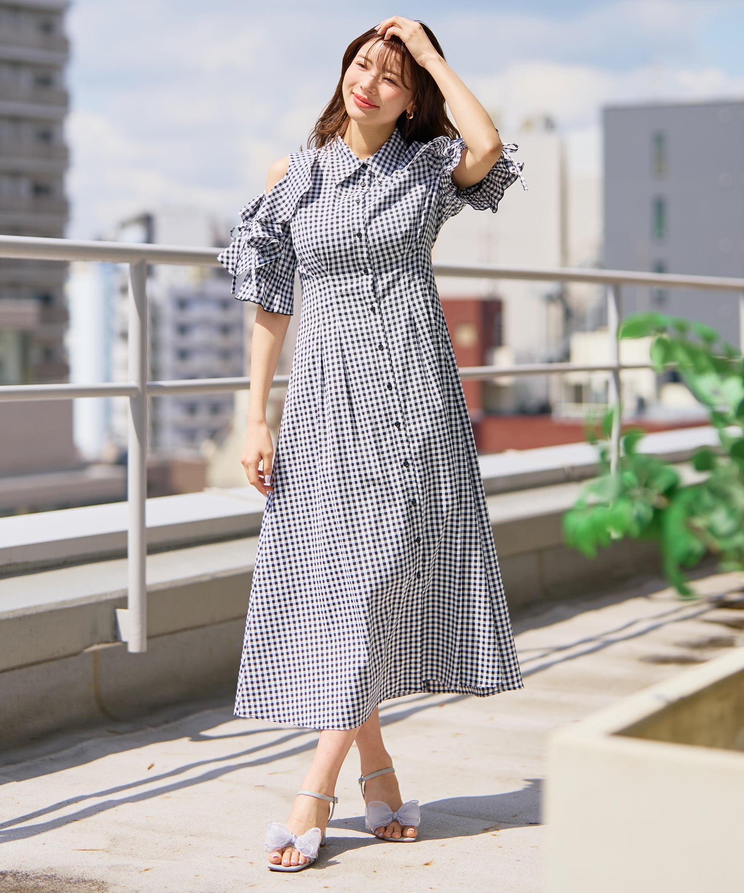 ミッシュマッシュ MISCH MASCH 2026春夏新作 肩レースアップギンガムワンピース MM627415 (BLACK) BLACK