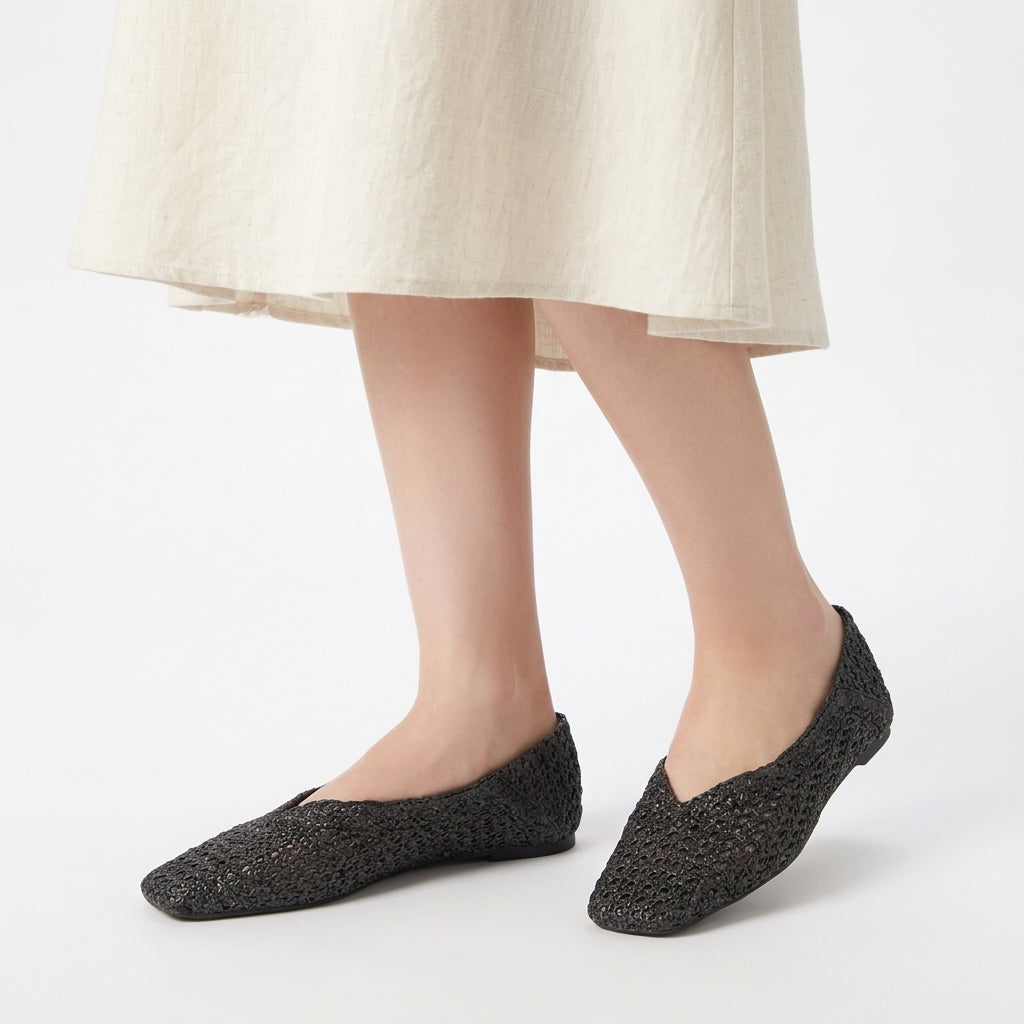 ミニア minia 斜めワイドスクエアトゥのVカットフラットパンプス/かかとが踏めるバブーシュ(211902) (ブラック系(雑材)) ブラック系(雑材)