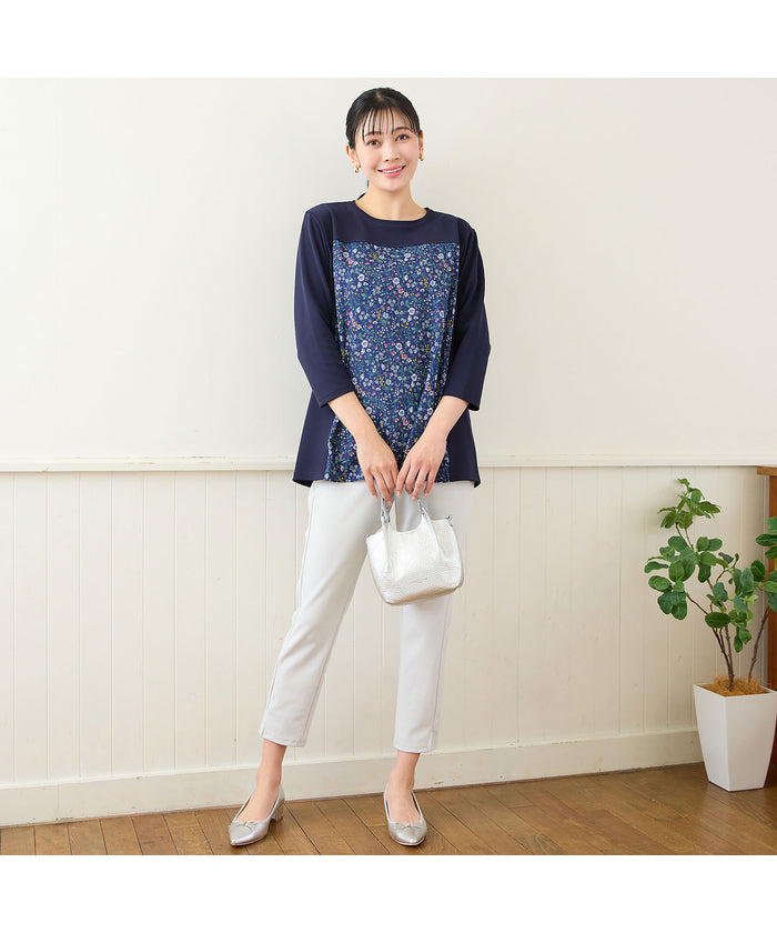 ミゼール missel 【洗える・アンサンブル可・L~4Lサイズ】ボタニカル柄カットソー (ダークブルー) ダークブルー