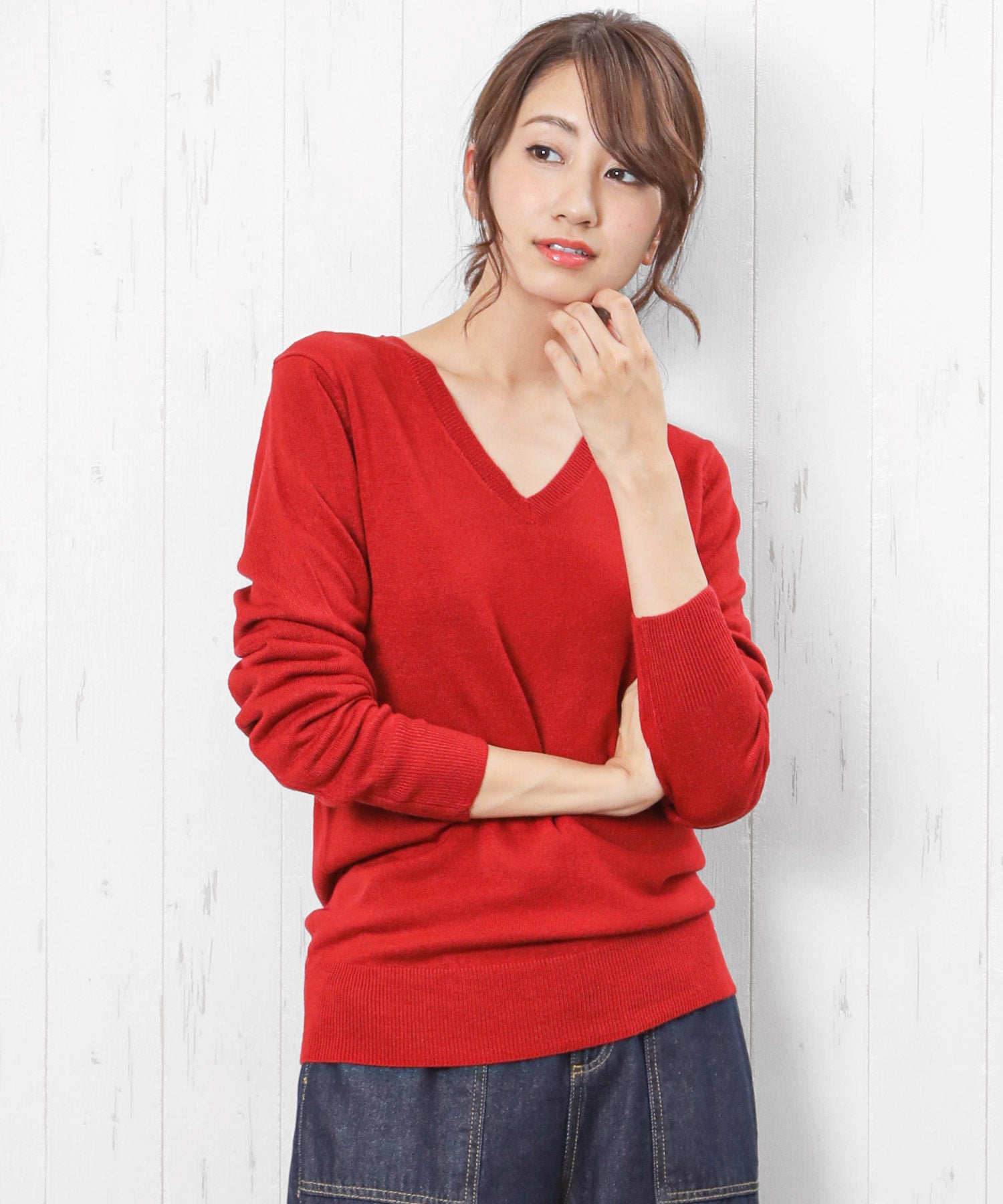 ミリアンデニ mili an deni カシミアタッチVネックニットセーター,レッド