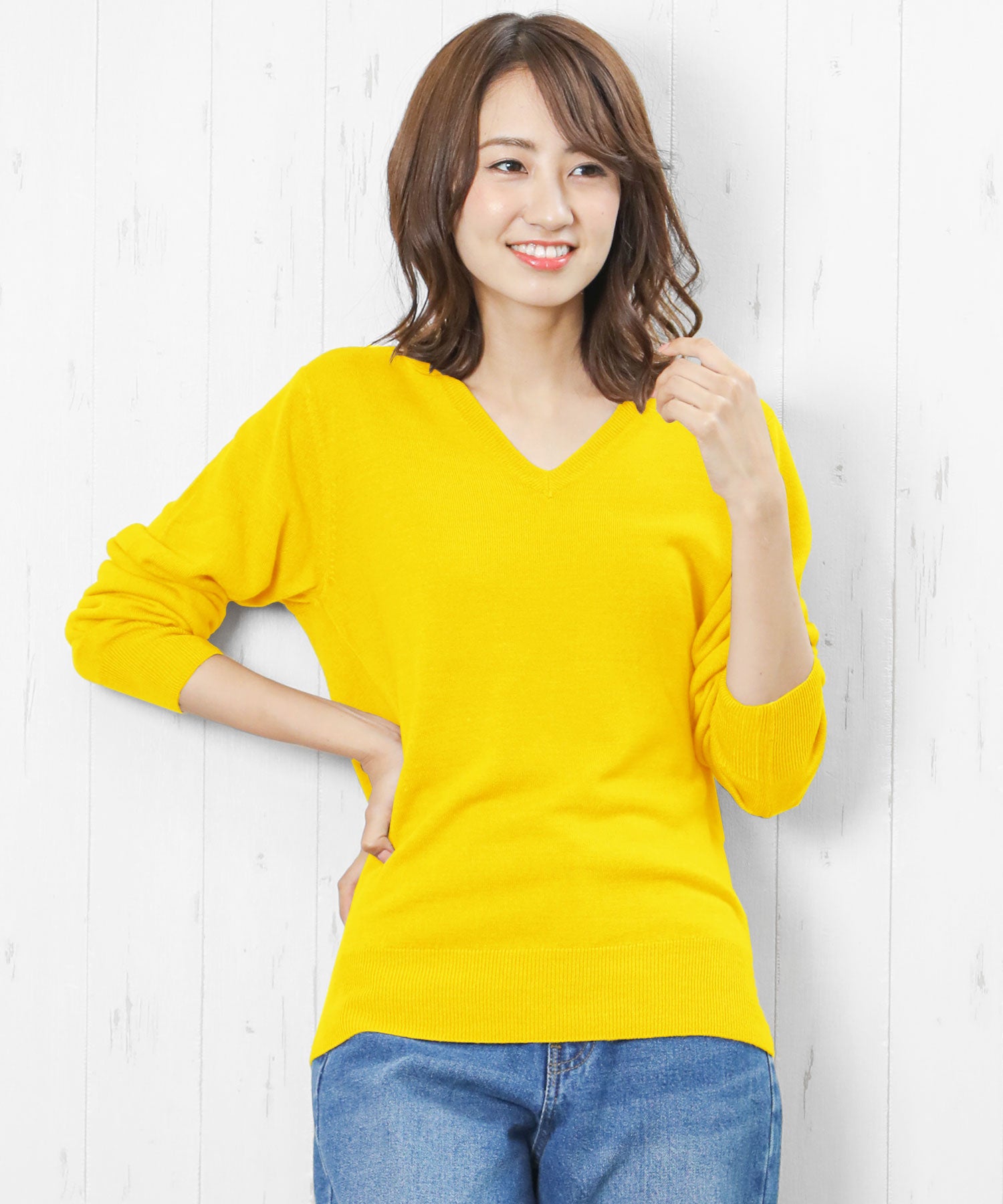 ミリアンデニ mili an deni カシミアタッチVネックニットセーター,マスタード