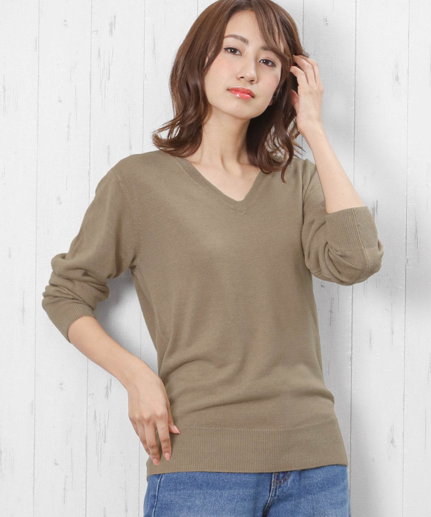 ミリアンデニ mili an deni カシミアタッチVネックニットセーター,ダークブラウン