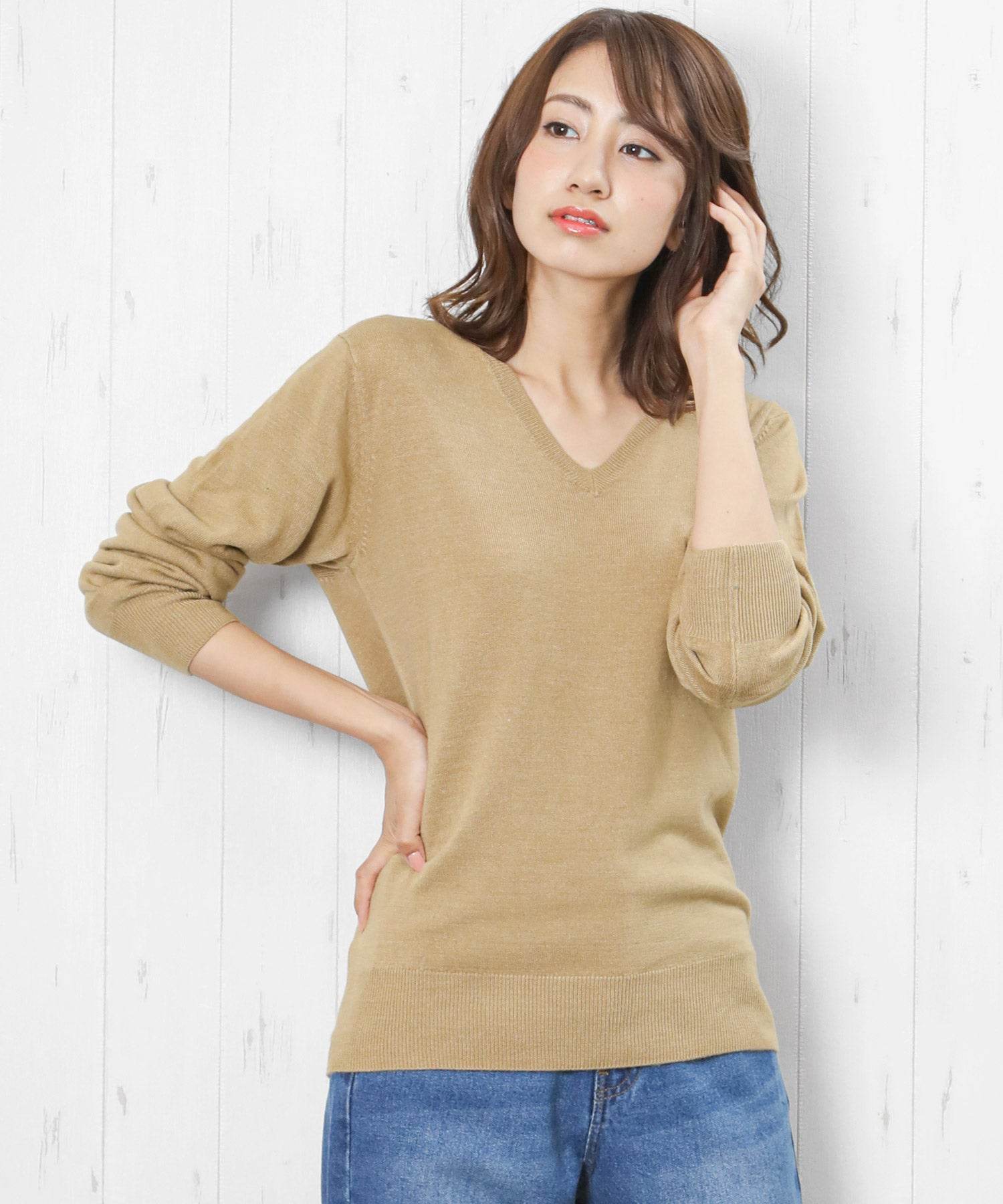 ミリアンデニ mili an deni カシミアタッチVネックニットセーター,ブラウン