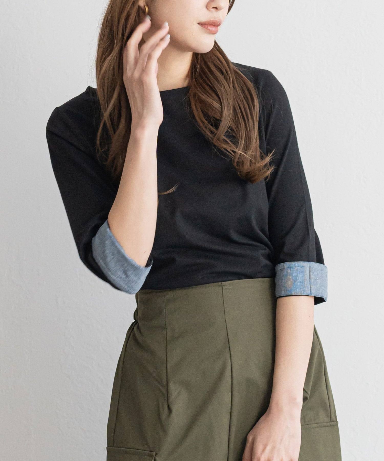 ミリアンデニ mili an deni 7分袖袖シャンブレー切替Tシャツ (ブラック) ブラック