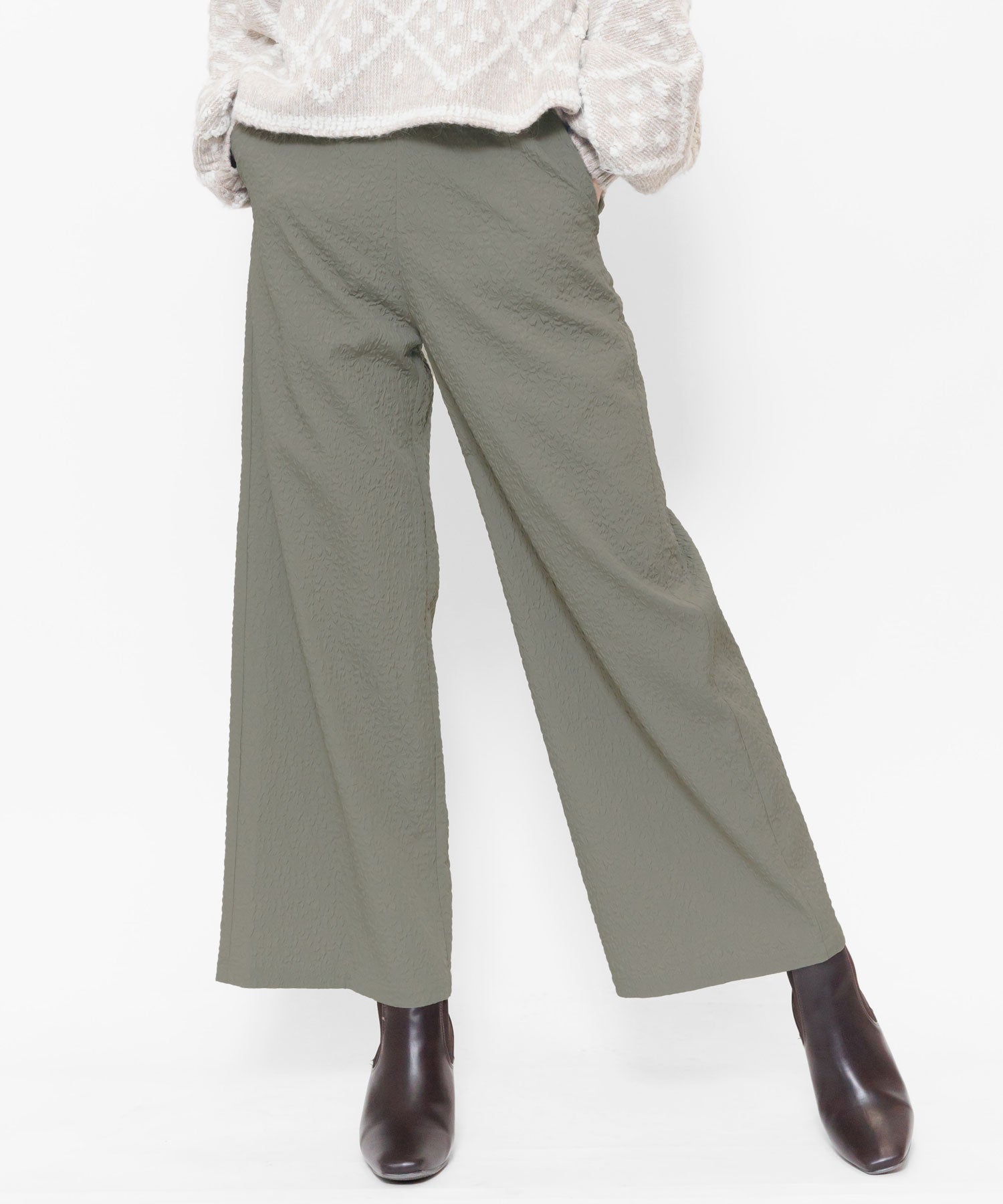 Mili An Deni Flower Pattern Pants Bottoms Ladies Embossed Wide Pants Long Pants Elastic Waist