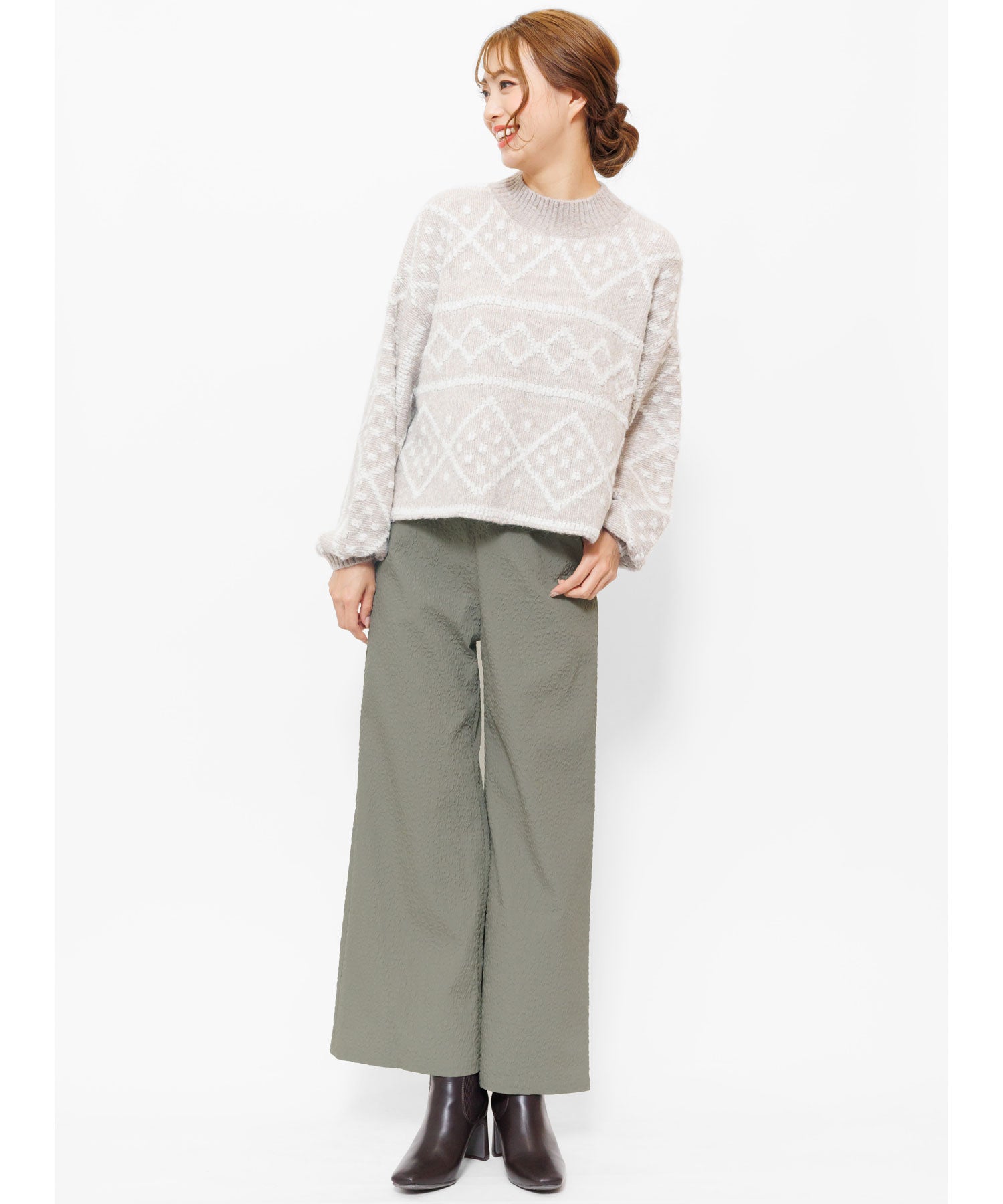 Mili An Deni Flower Pattern Pants Bottoms Ladies Embossed Wide Pants Long Pants Elastic Waist