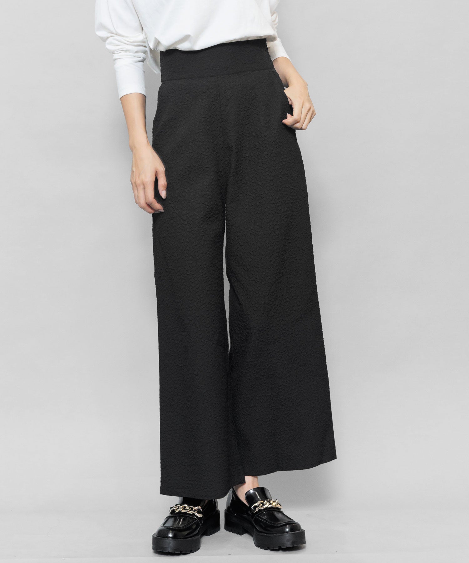 Mili An Deni Flower Pattern Pants Bottoms Ladies Embossed Wide Pants Long Pants Elastic Waist