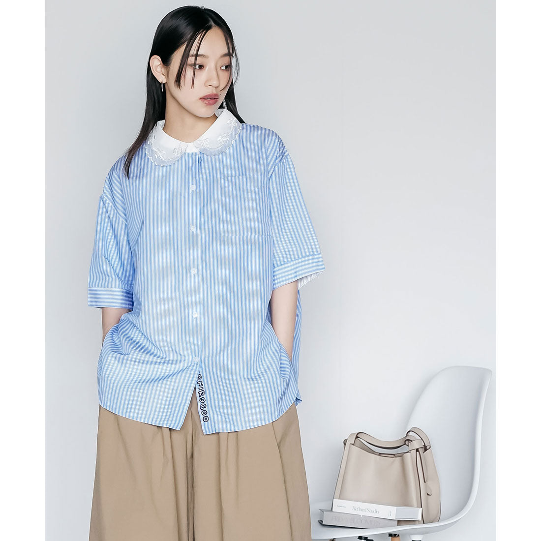 ミリアンデニ mili an deni レース襟ロゴ半袖オーバーブラウス (STP) STP