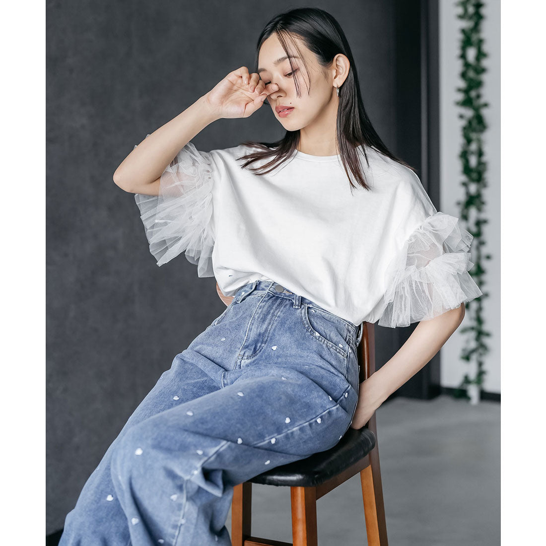 ミリアンデニ mili an deni チュールフリル袖Tシャツ (WH) WH