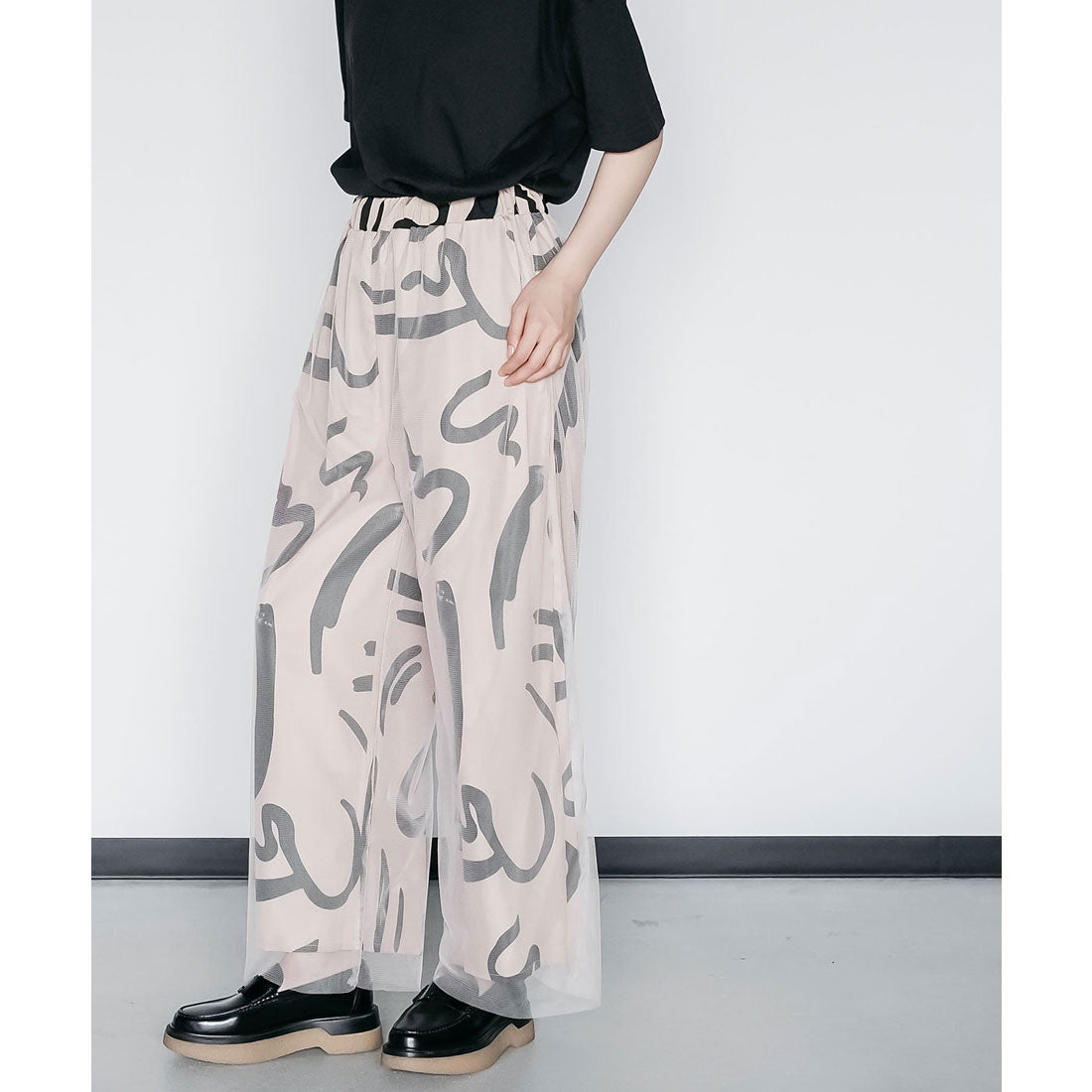 ミリアンデニ mili an deni チュールレイヤードプリントワイドパンツ (BG) BG