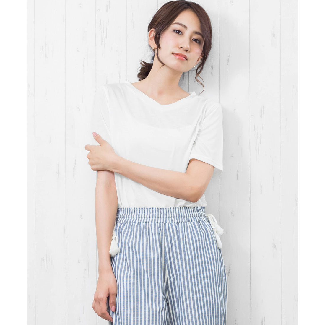 ミリアンデニ mili an deni ナノファインVネックTシャツ,オフホワイト