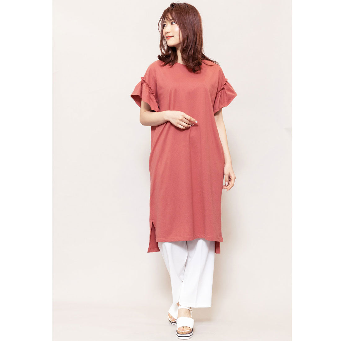 ミリアンデニ mili an deni 綿100%袖フリルTシャツワンピース (サーモンピンク) サーモンピンク