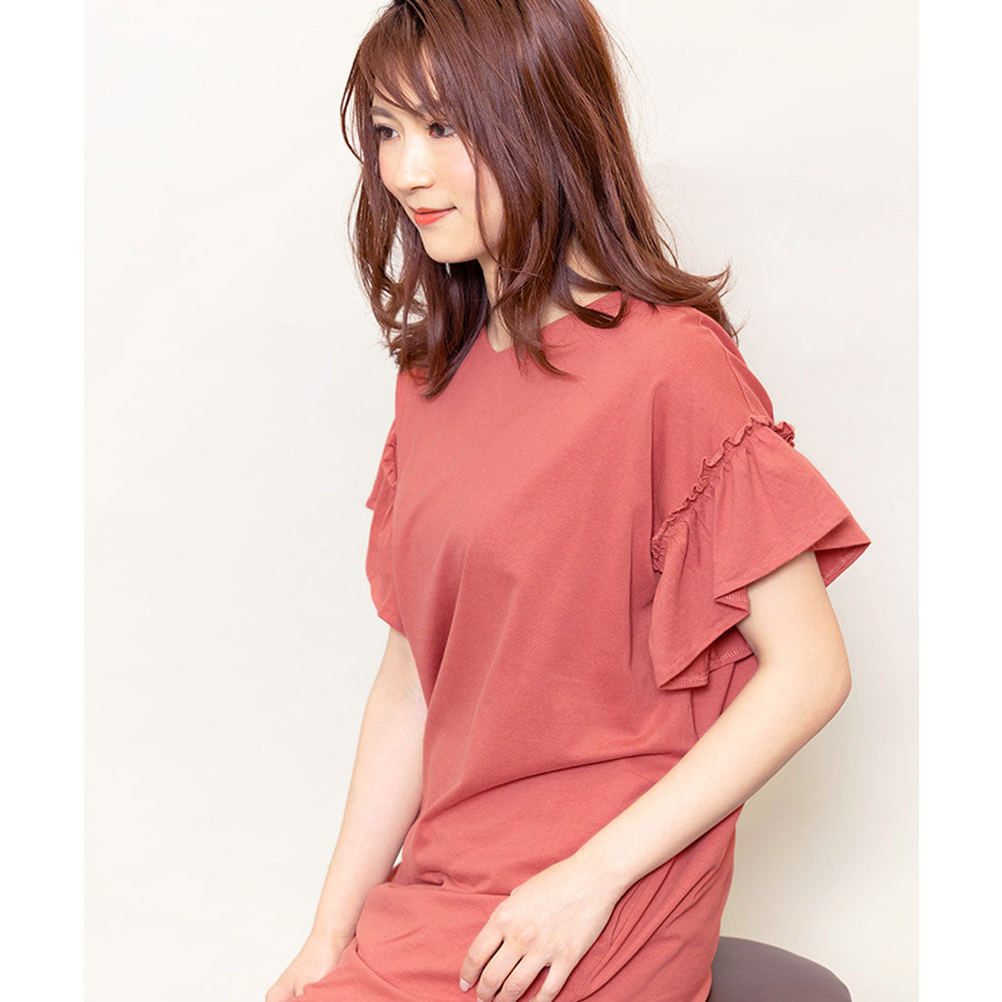 ミリアンデニ mili an deni 綿100%袖フリルTシャツワンピース (サーモンピンク) サーモンピンク