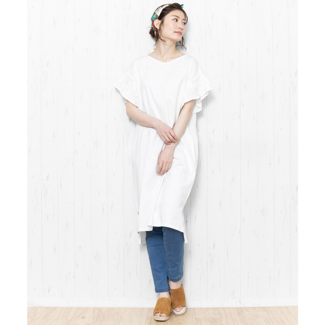 ミリアンデニ mili an deni 綿100%袖フリルTシャツワンピース (オフホワイト) オフホワイト